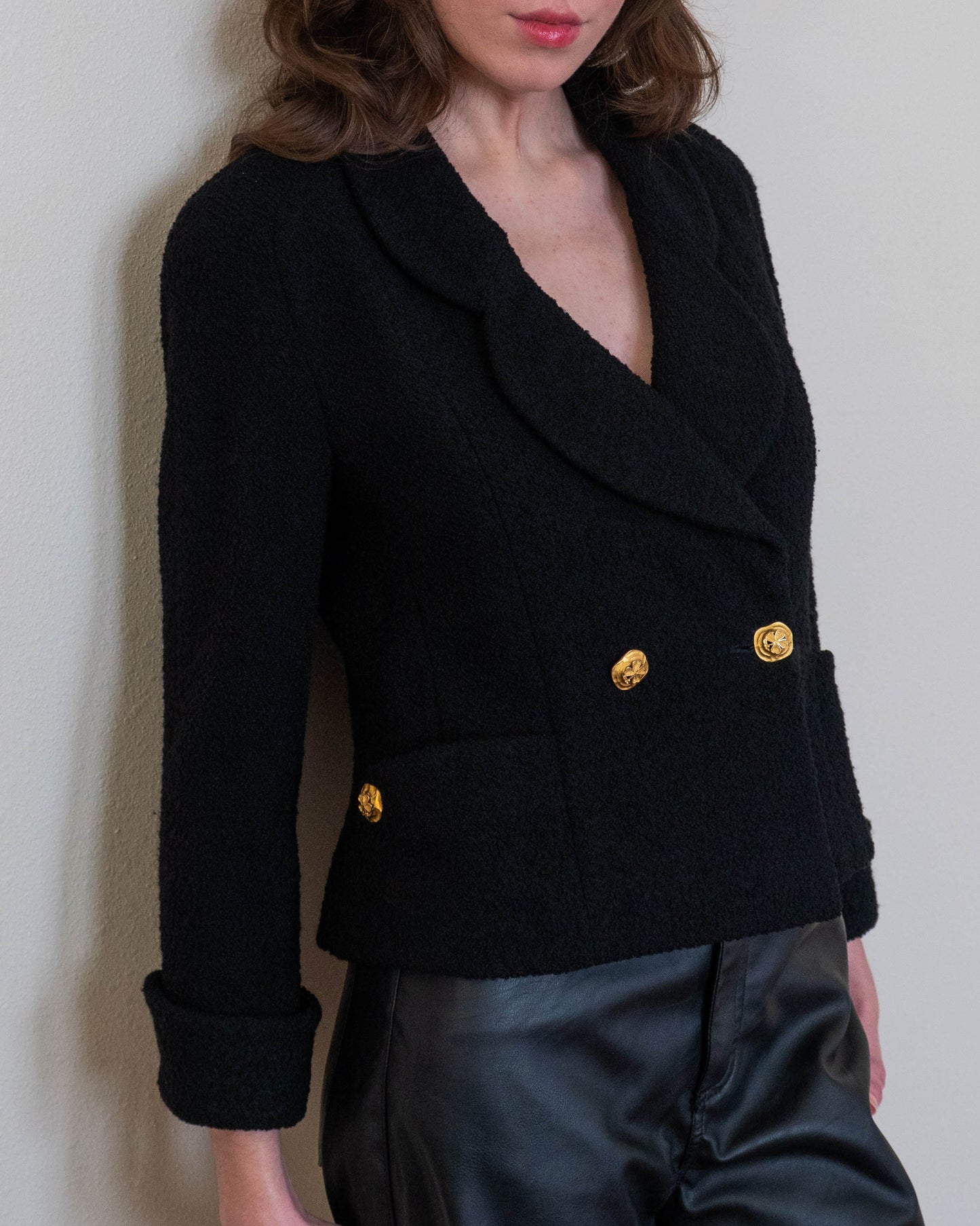 FR36-38 Rare Chanel 1980s Double Breasted Black Tweed Boucle Jacket - Vintage Chanel Jacket - - Rarchive.