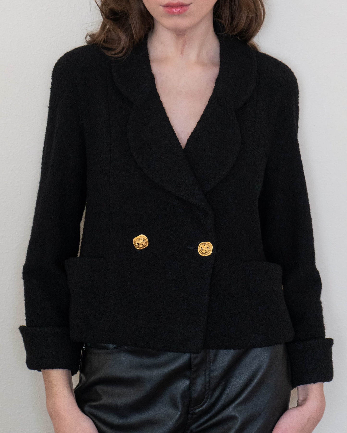 FR36-38 Rare Chanel 1980s Double Breasted Black Tweed Boucle Jacket - Vintage Chanel Jacket - - Rarchive.