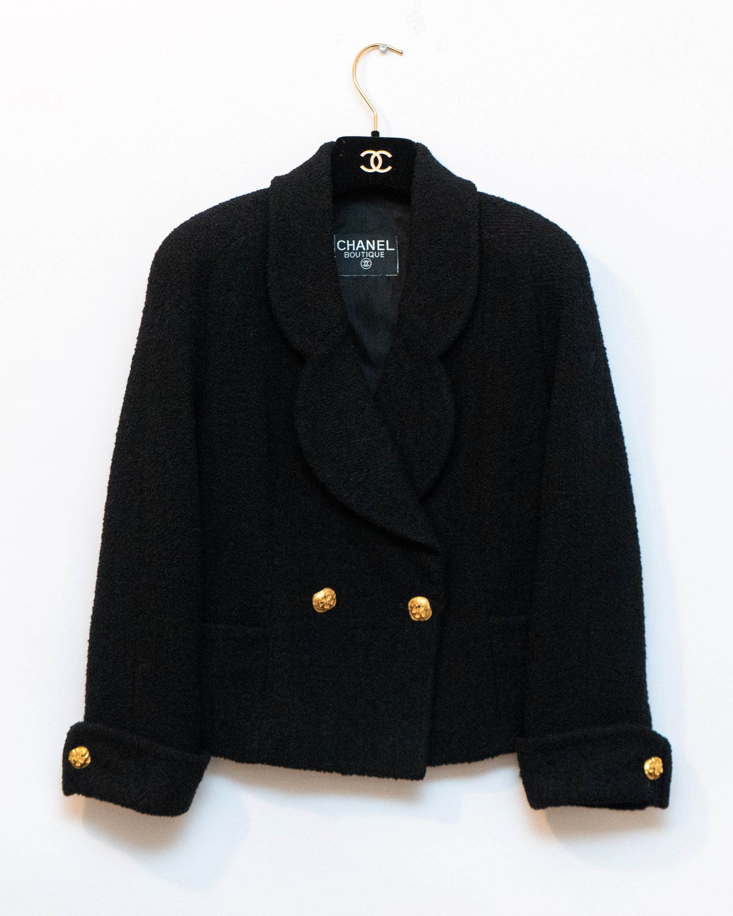 FR36-38 Rare Chanel 1980s Double Breasted Black Tweed Boucle Jacket - Vintage Chanel Jacket - - Rarchive.