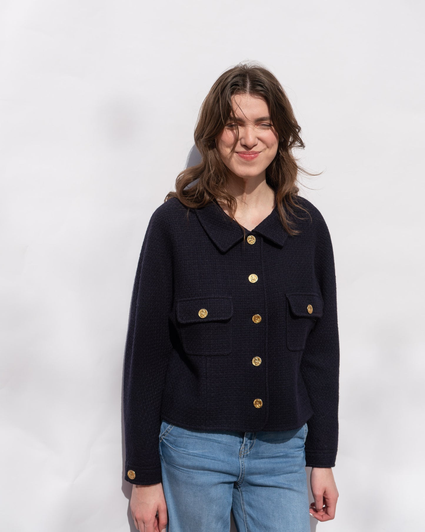 FR38-42 Chanel Spring 1988 Two Pocket Dark Navy Wool Tweed Jacket - Vintage Chanel Jacket - - Rarchive.