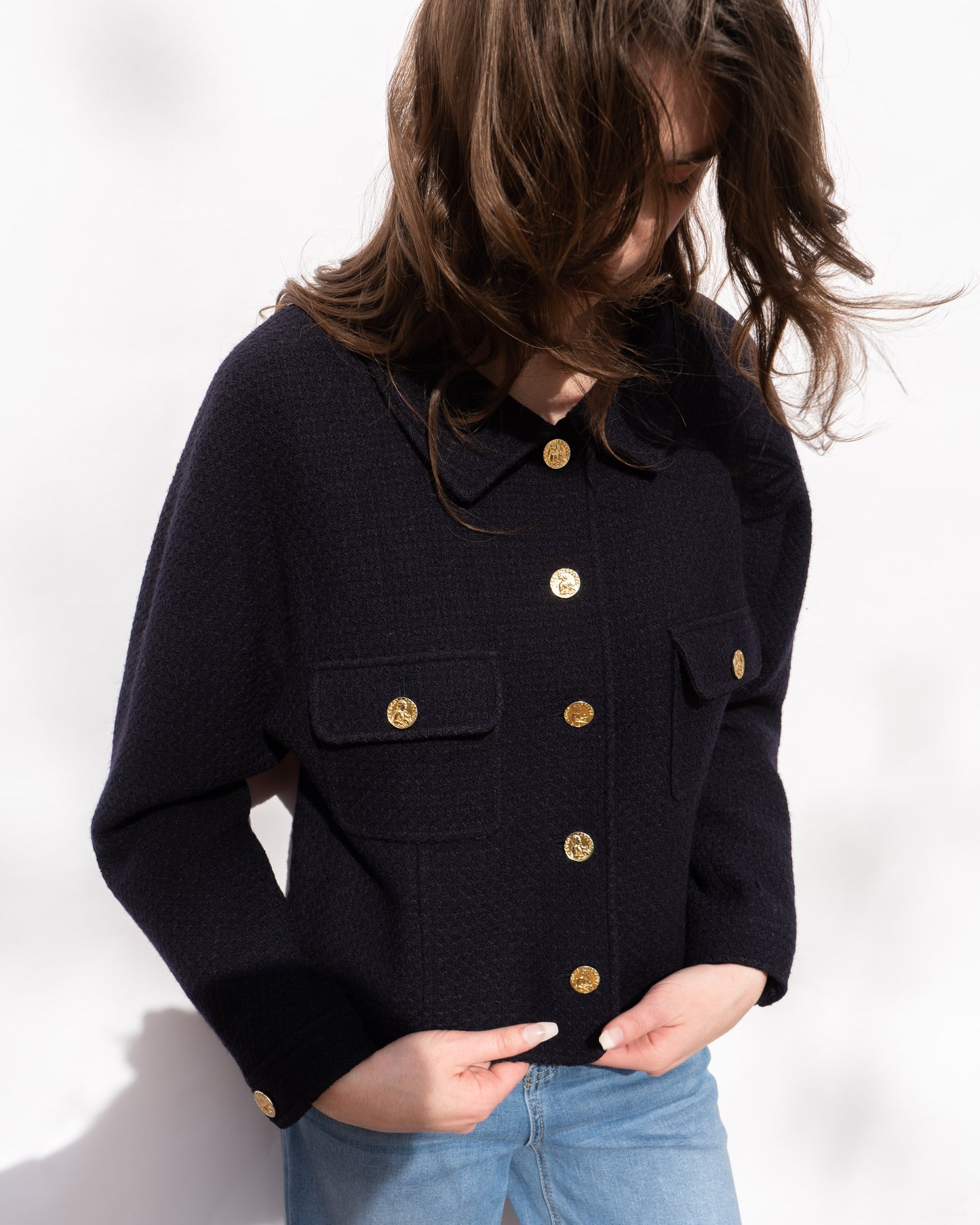 FR38-42 Chanel Spring 1988 Two Pocket Dark Navy Wool Tweed Jacket - Vintage Chanel Jacket - - Rarchive.