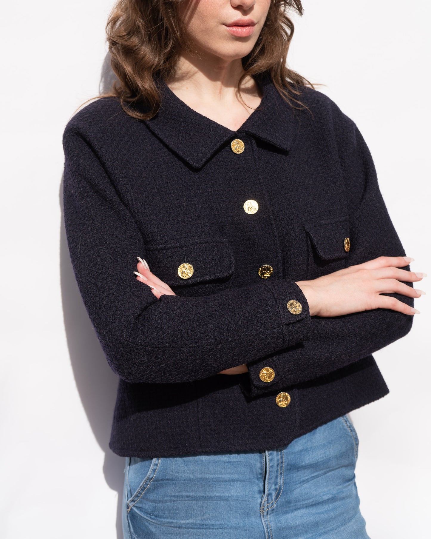FR38-42 Chanel Spring 1988 Two Pocket Dark Navy Wool Tweed Jacket - Vintage Chanel Jacket - - Rarchive.