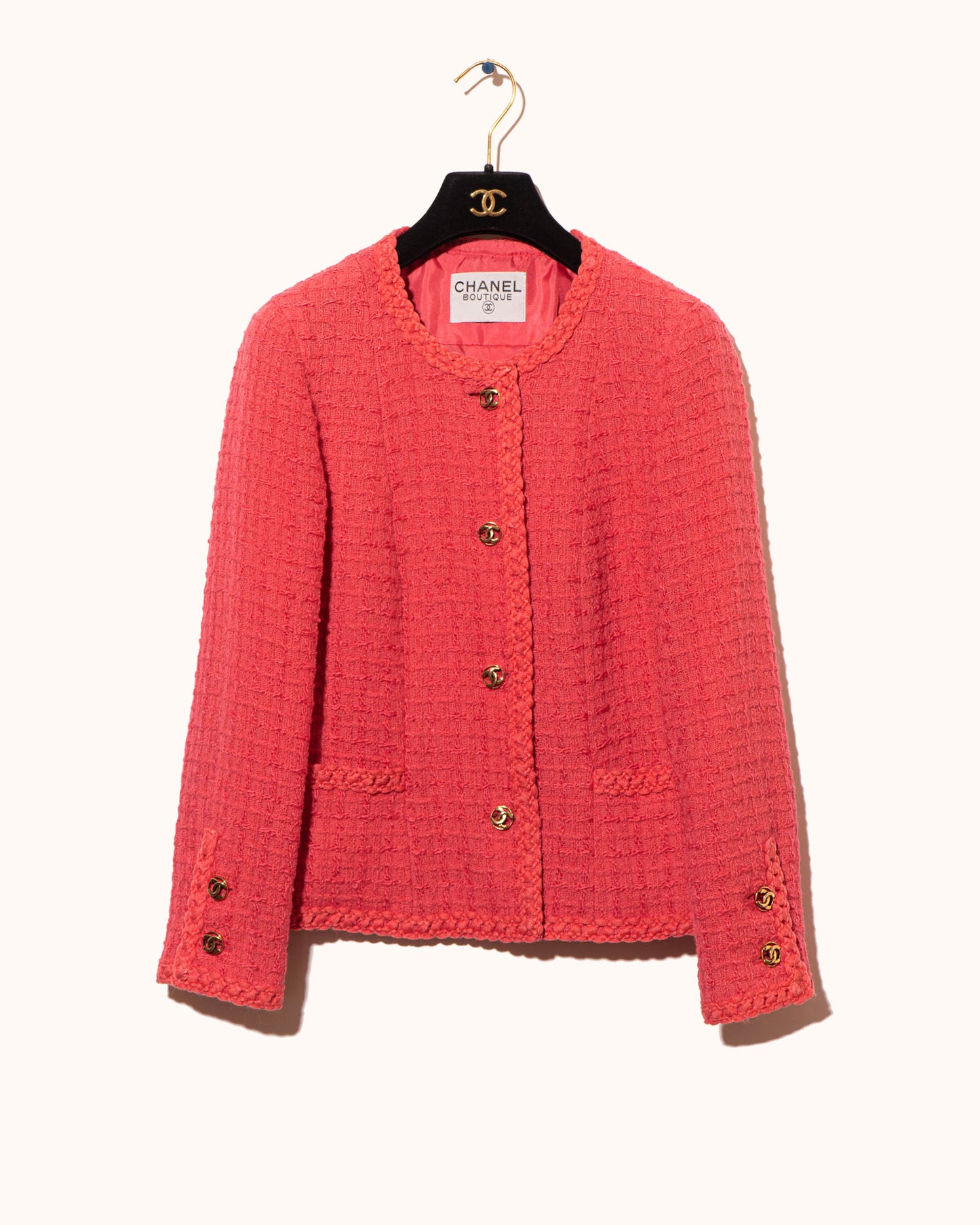 FR36-38 Rare Chanel Spring 1983 Classic Two Pocket Pink Wool Tweed Jacket - Vintage Chanel Jacket - - Rarchive.
