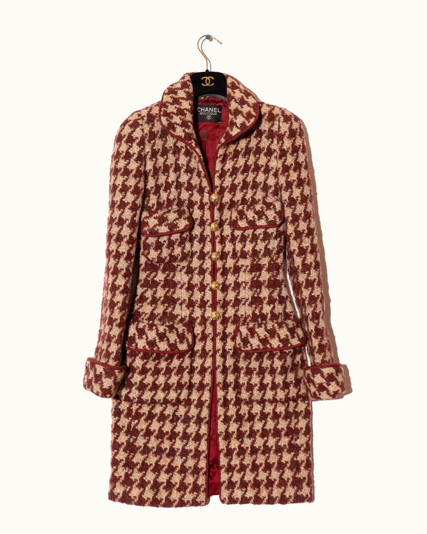 FR34-36 Rare Chanel Fall 1990 Four-Pocketed Houndstooth Tweed Coat