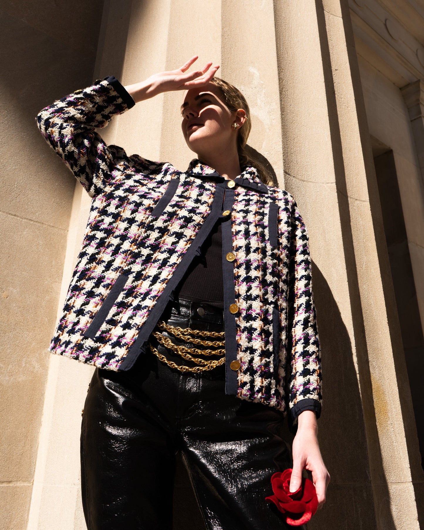 FR38-42 Chanel Fall 1987 Four Pocket Jacket in Multicolor Houndstooth Tweed