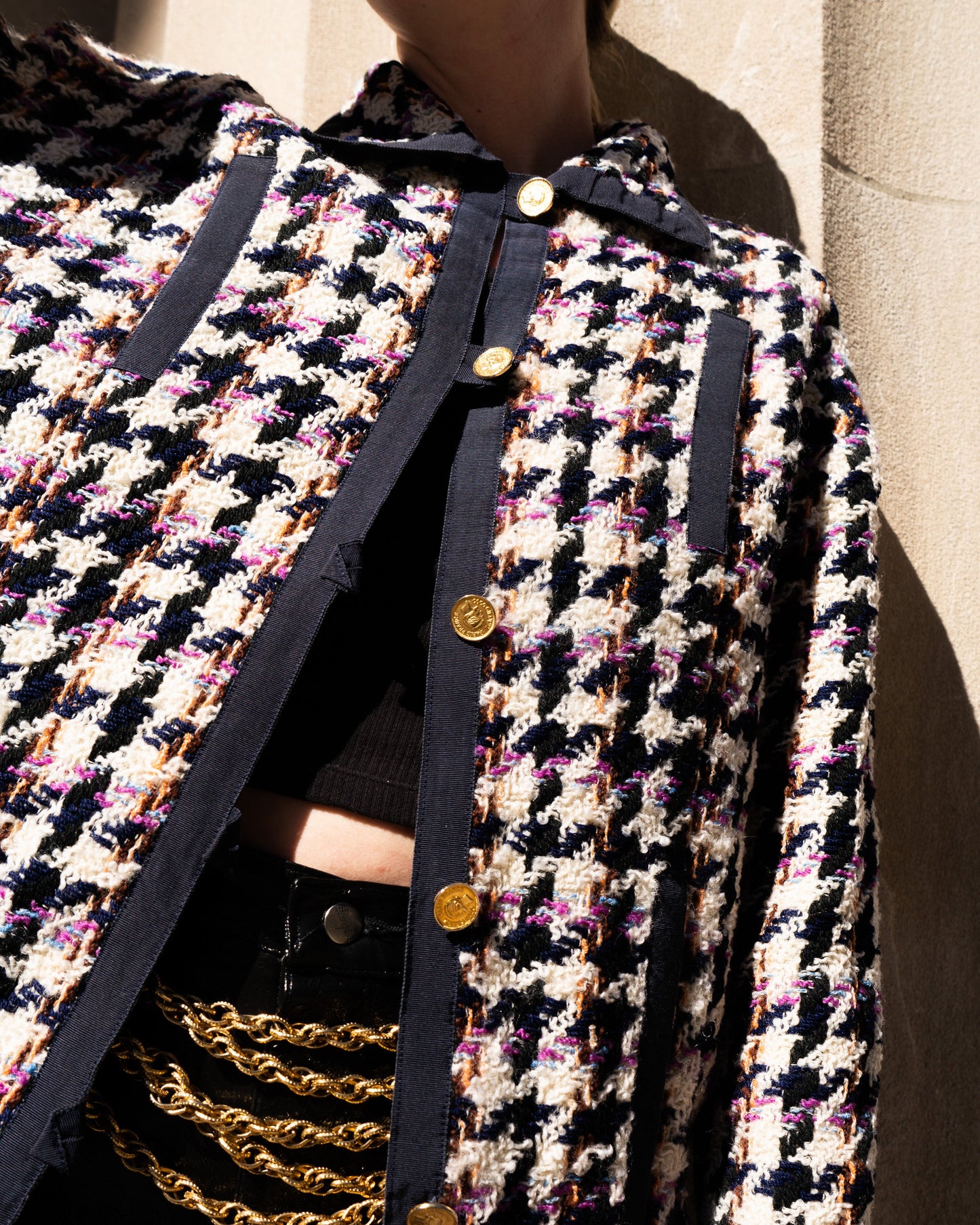 FR38-42 Chanel Fall 1987 Four Pocket Jacket in Multicolor Houndstooth Tweed