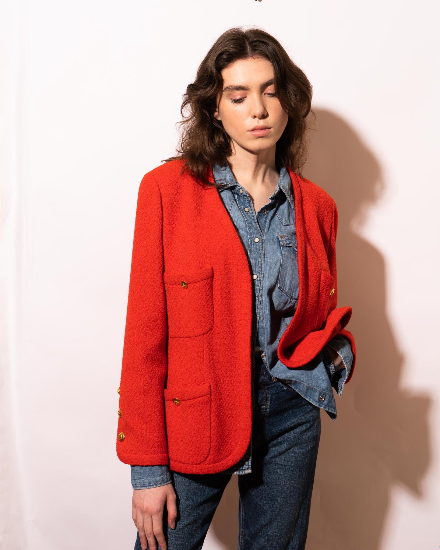 FR40-44 Chanel Spring 1991 Classic Four Pocket Collarless Red Tweed Jacket - Vintage Chanel Jacket - - Rarchive.