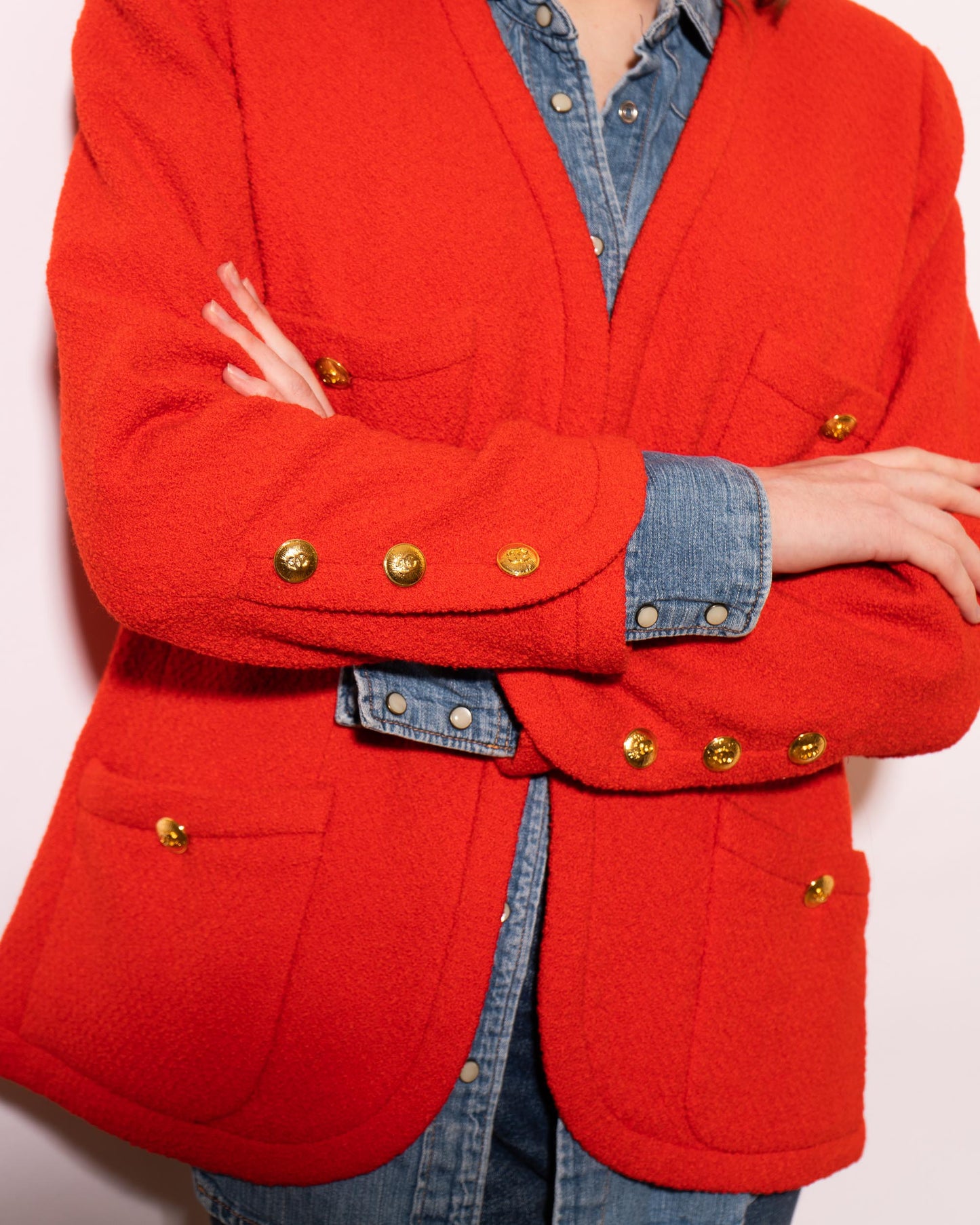 FR40-44 Chanel Spring 1991 Classic Four Pocket Collarless Red Tweed Jacket - Vintage Chanel Jacket -   - Rarchive.