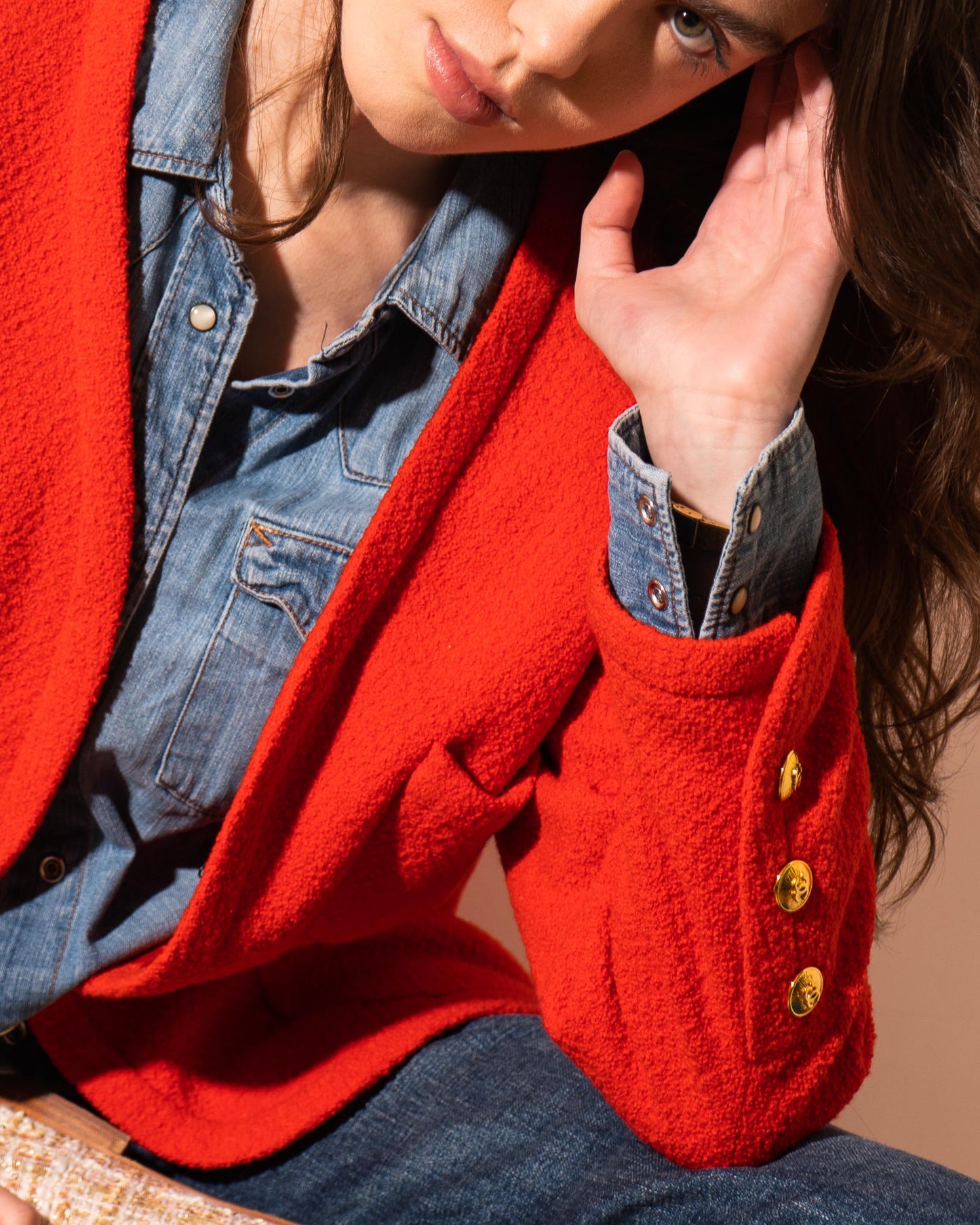 FR40-44 Chanel Spring 1991 Classic Four Pocket Collarless Red Tweed Jacket - Vintage Chanel Jacket - - Rarchive.