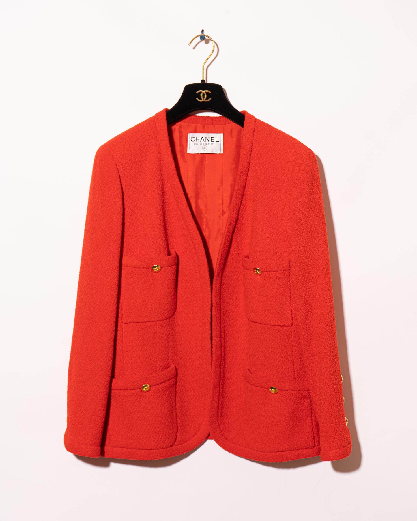 FR40-44 Chanel Spring 1991 Classic Four Pocket Collarless Red Tweed Jacket - Vintage Chanel Jacket - - Rarchive.