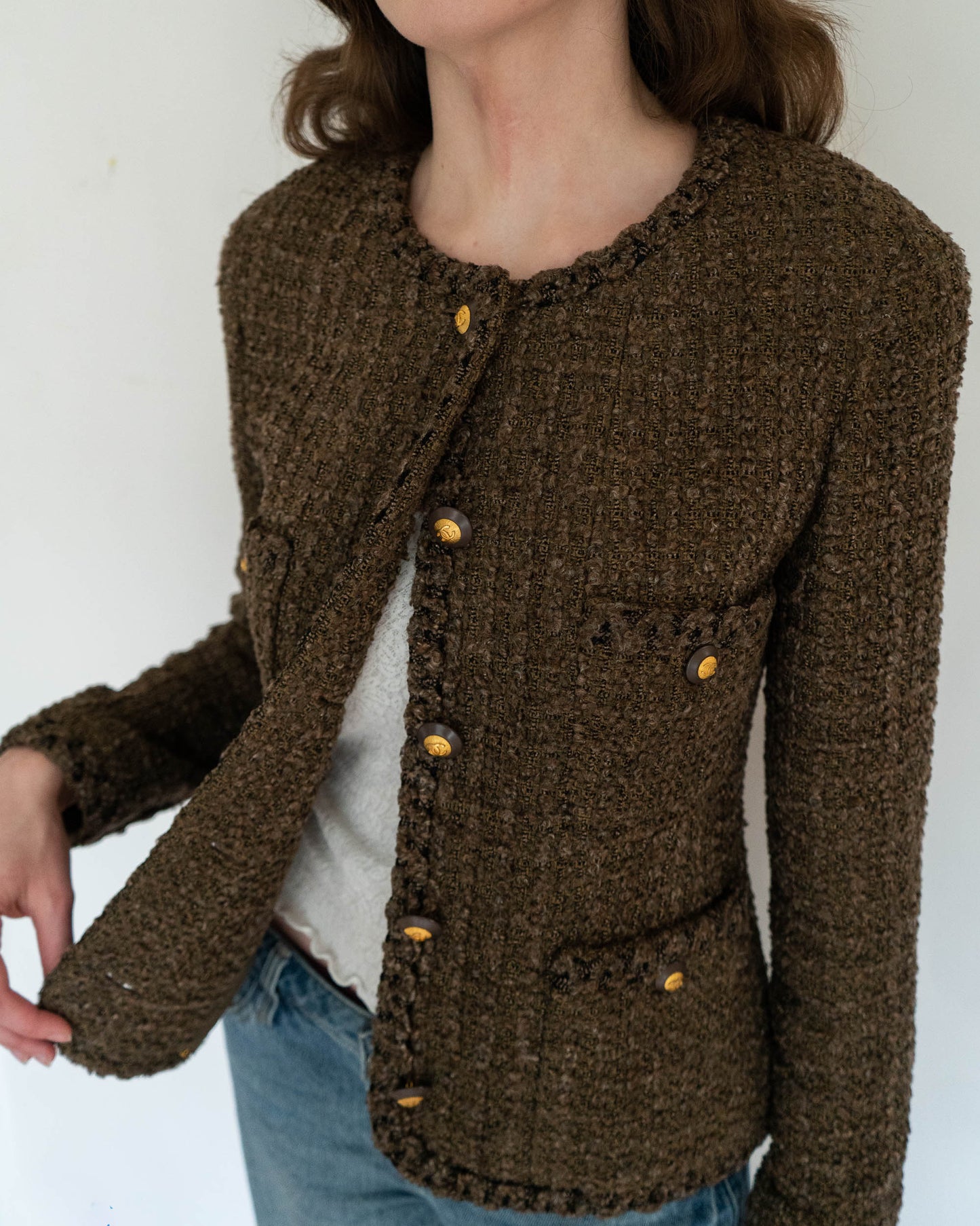 FR38-40 Rare Chanel Fall 1993 Four Pocket Timeless Collarless Teddy Bear Tweed Jacket
