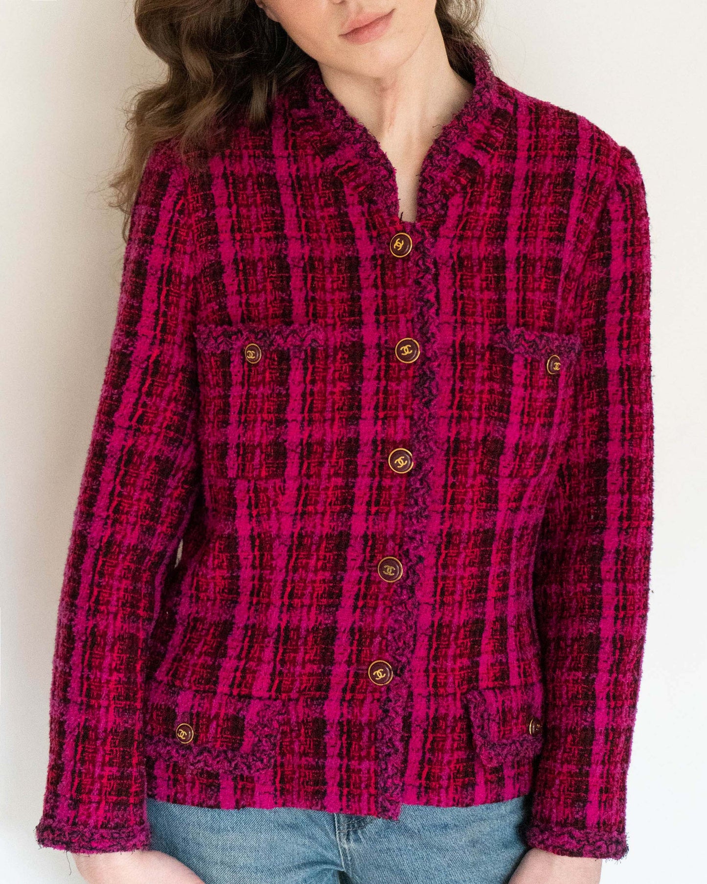 FR42-44 Rare Chanel Fall 1995 Four Pocket Iconic Bold Plaid Tweed Jacket