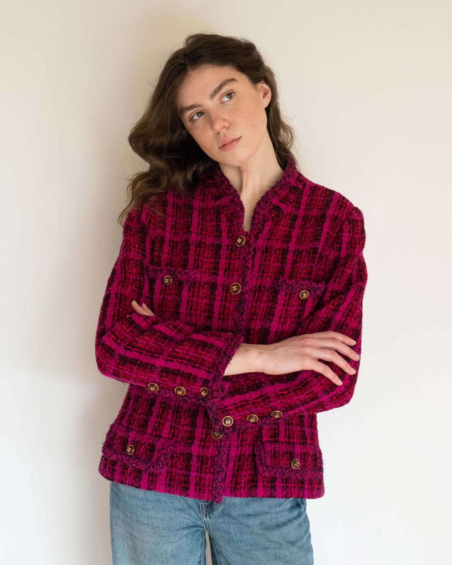 FR42-44 Rare Chanel Fall 1995 Four Pocket Iconic Bold Plaid Tweed Jacket