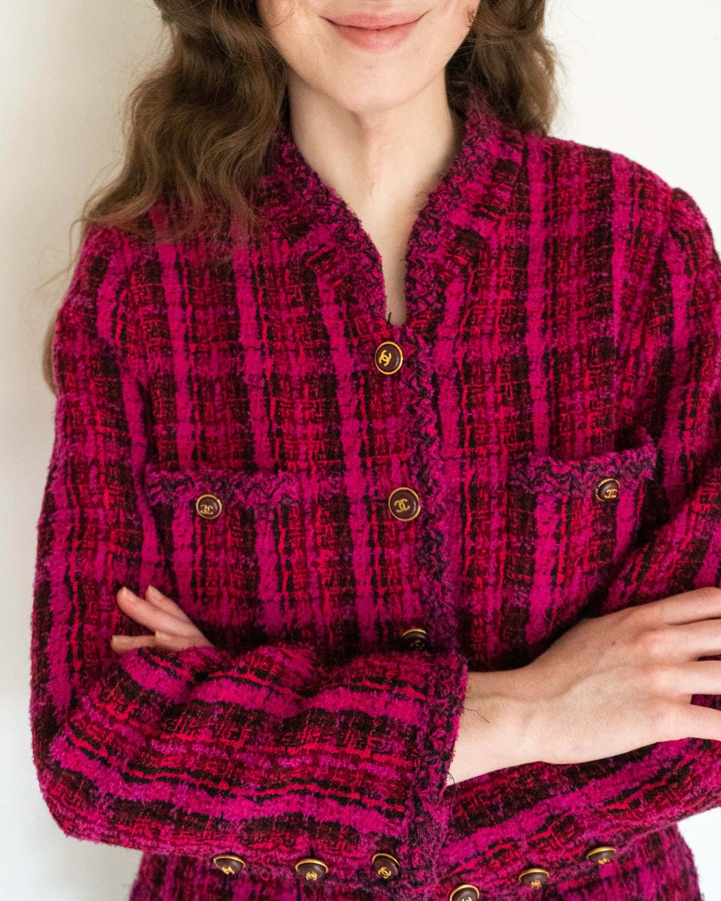 FR42-44 Rare Chanel Fall 1995 Four Pocket Iconic Bold Plaid Tweed Jacket