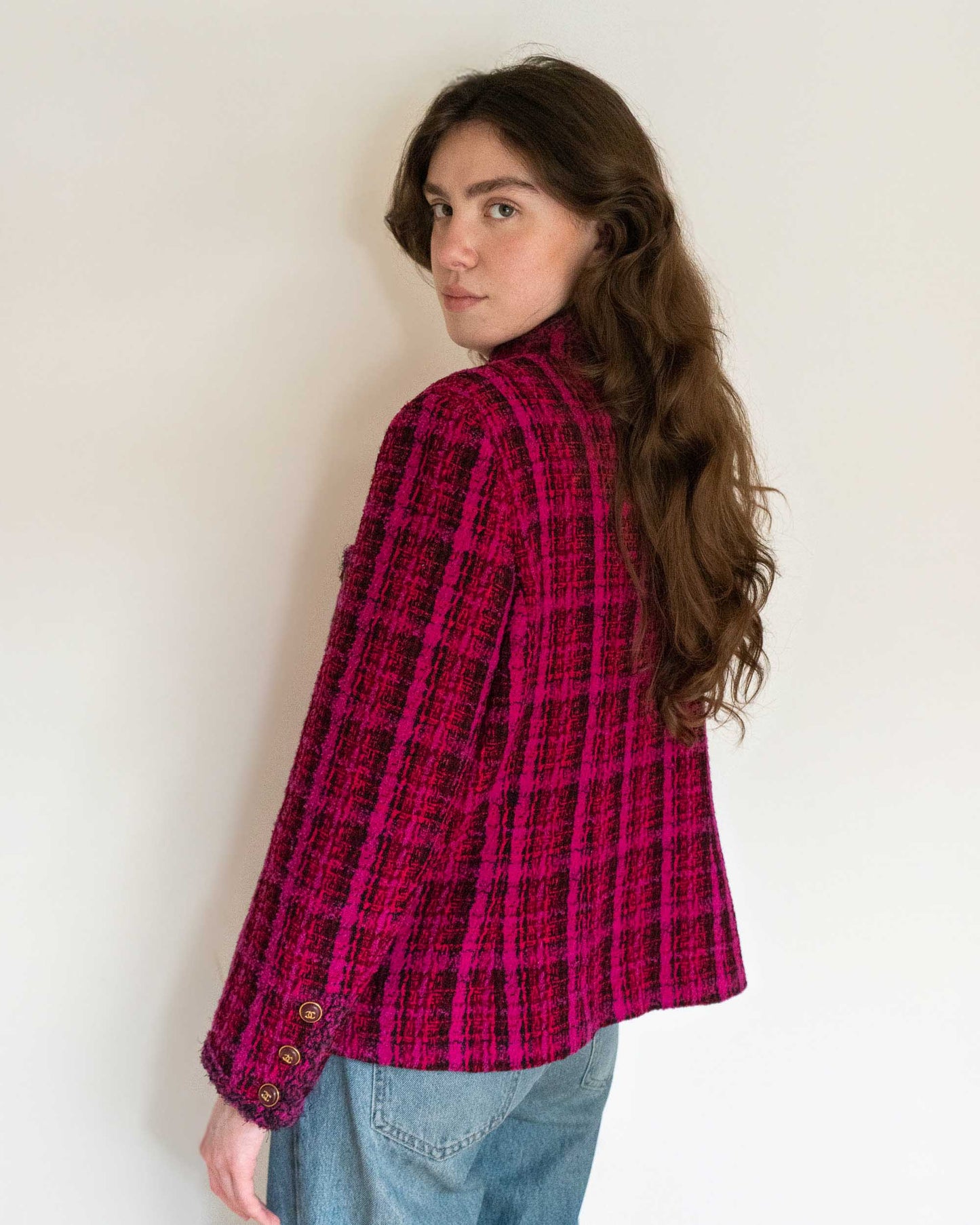FR42-44 Rare Chanel Fall 1995 Four Pocket Iconic Bold Plaid Tweed Jacket