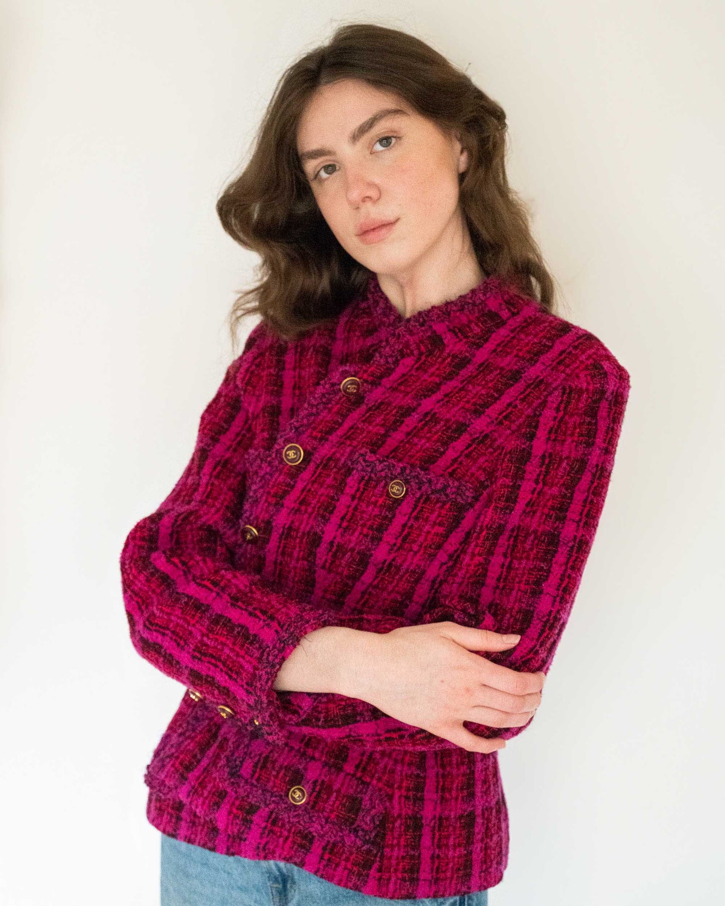FR42-44 Rare Chanel Fall 1995 Four Pocket Iconic Bold Plaid Tweed Jacket