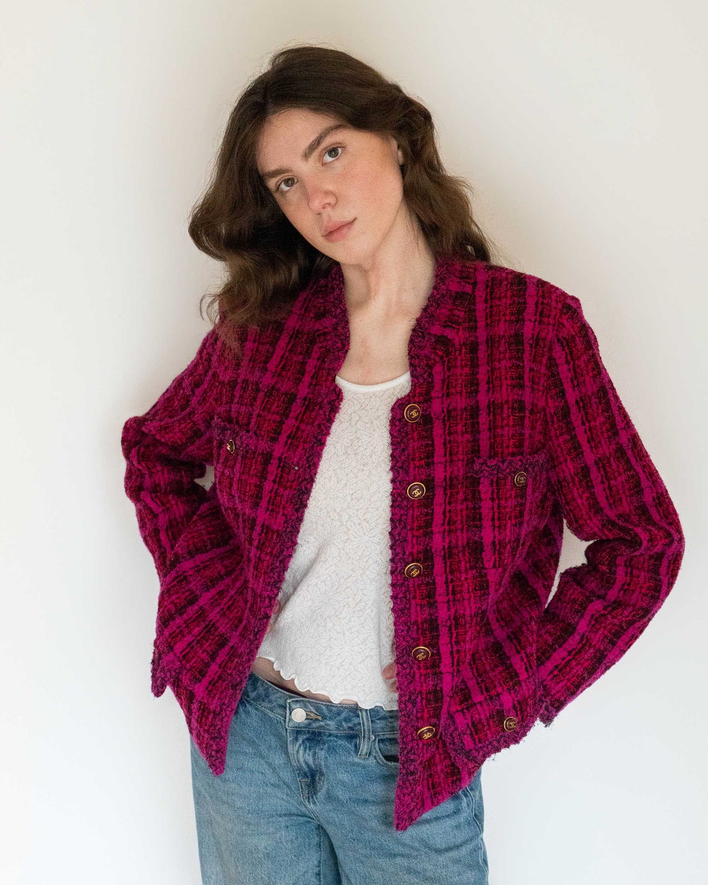 FR42-44 Rare Chanel Fall 1995 Four Pocket Iconic Bold Plaid Tweed Jacket