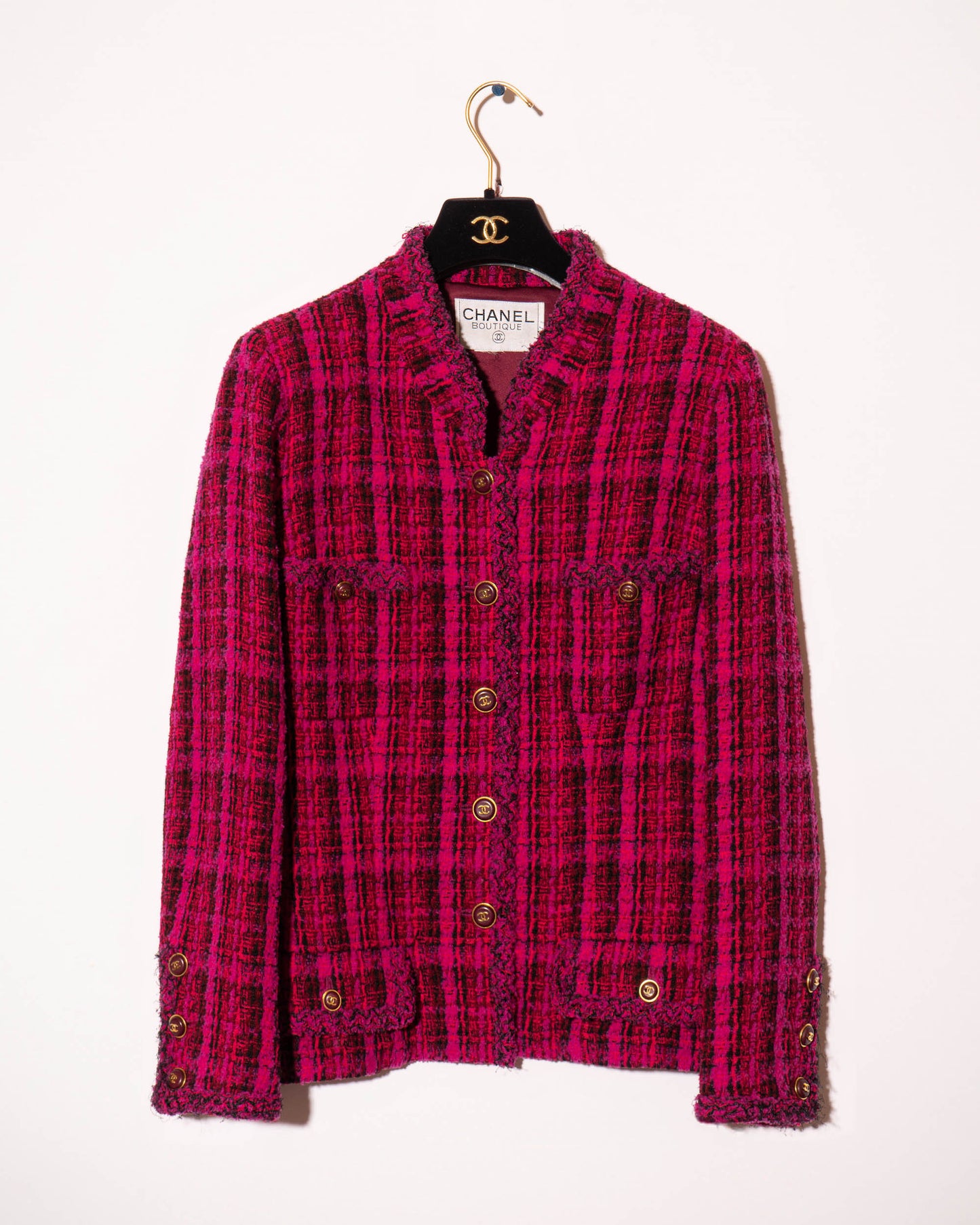 FR42-44 Rare Chanel Fall 1995 Four Pocket Iconic Bold Plaid Tweed Jacket