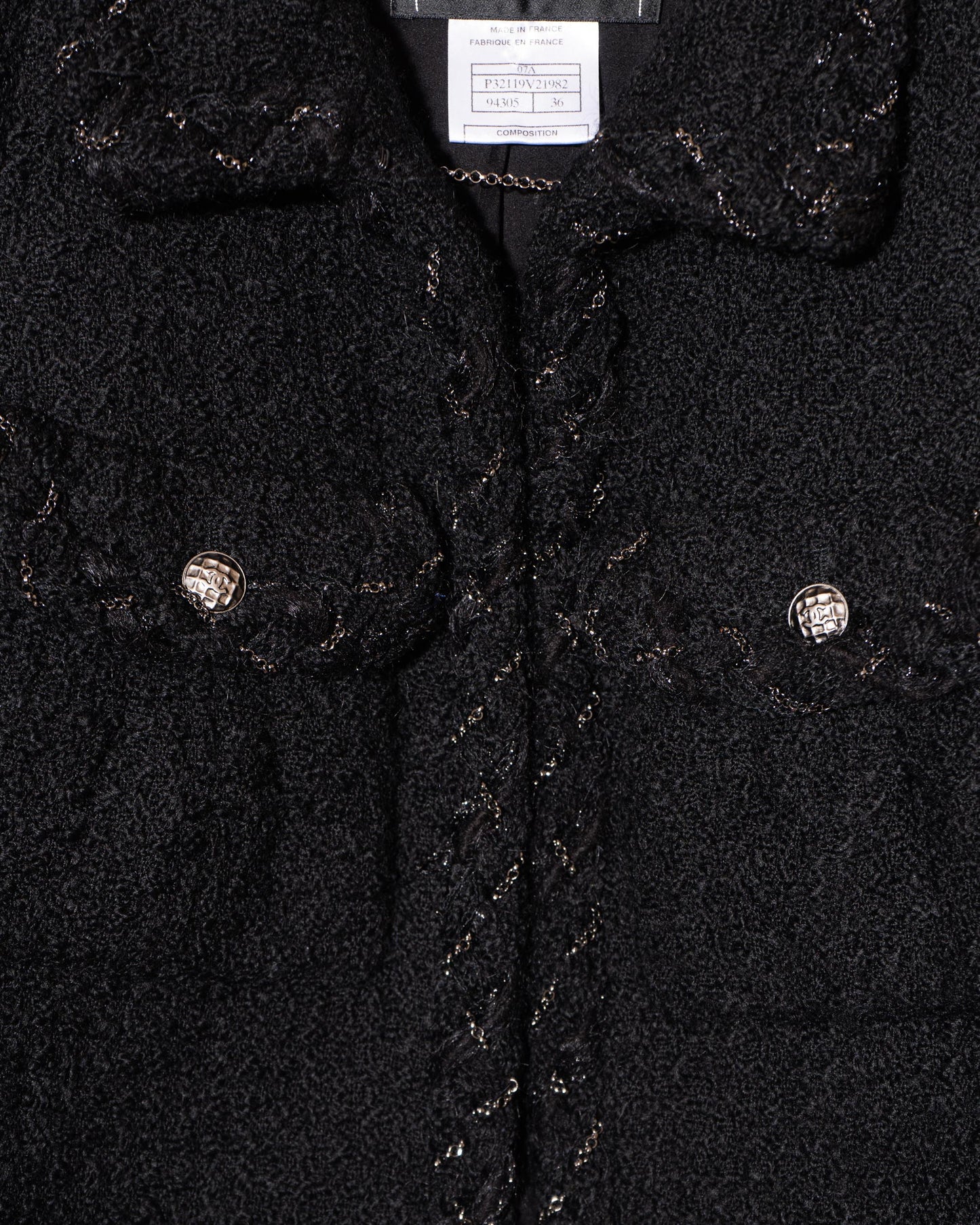 FR36 Chanel Fall 2007 Cropped Two Pocket Metal Detail Trim Black Tweed Jacket - Vintage Chanel Jacket - - Rarchive.