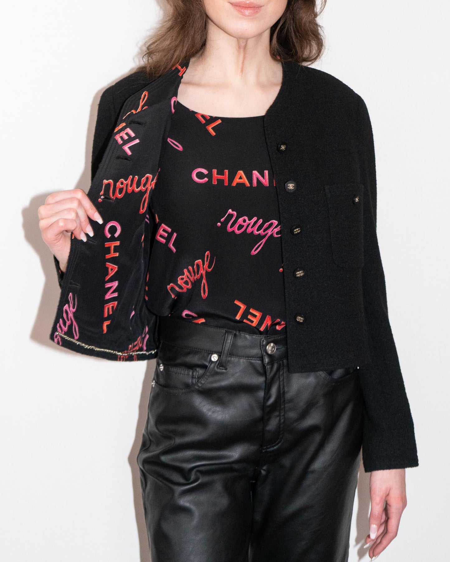 FR38-40 Rare Chanel Spring 1996 Tweed Boucle Jacket And Silk Top Set - Vintage Chanel Jacket - - Rarchive.