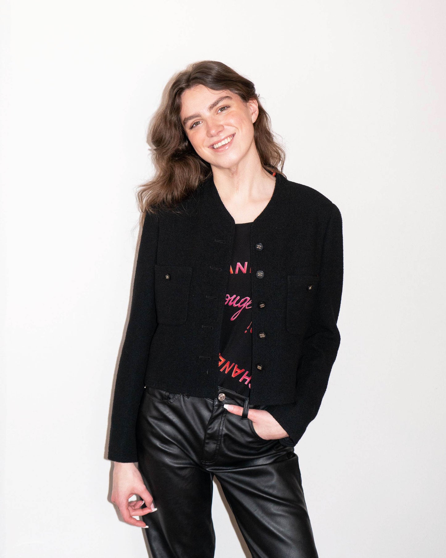 FR38-40 Rare Chanel Spring 1996 Tweed Boucle Jacket And Silk Top Set - Vintage Chanel Jacket - - Rarchive.