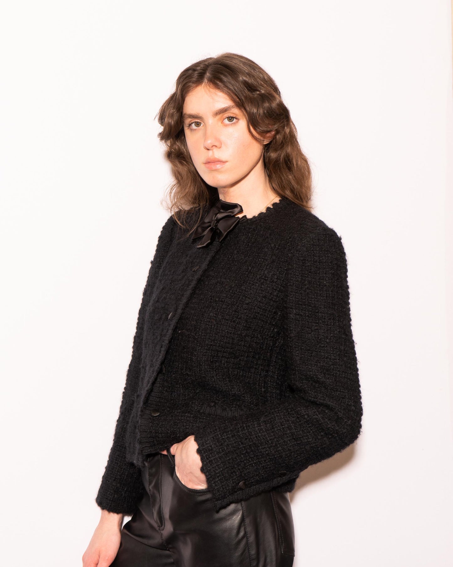 FR40-42 Rare Chanel 1970s Colorless Two Pocket Black Wool Tweed Jacket - Vintage Chanel Jacket - - Rarchive.