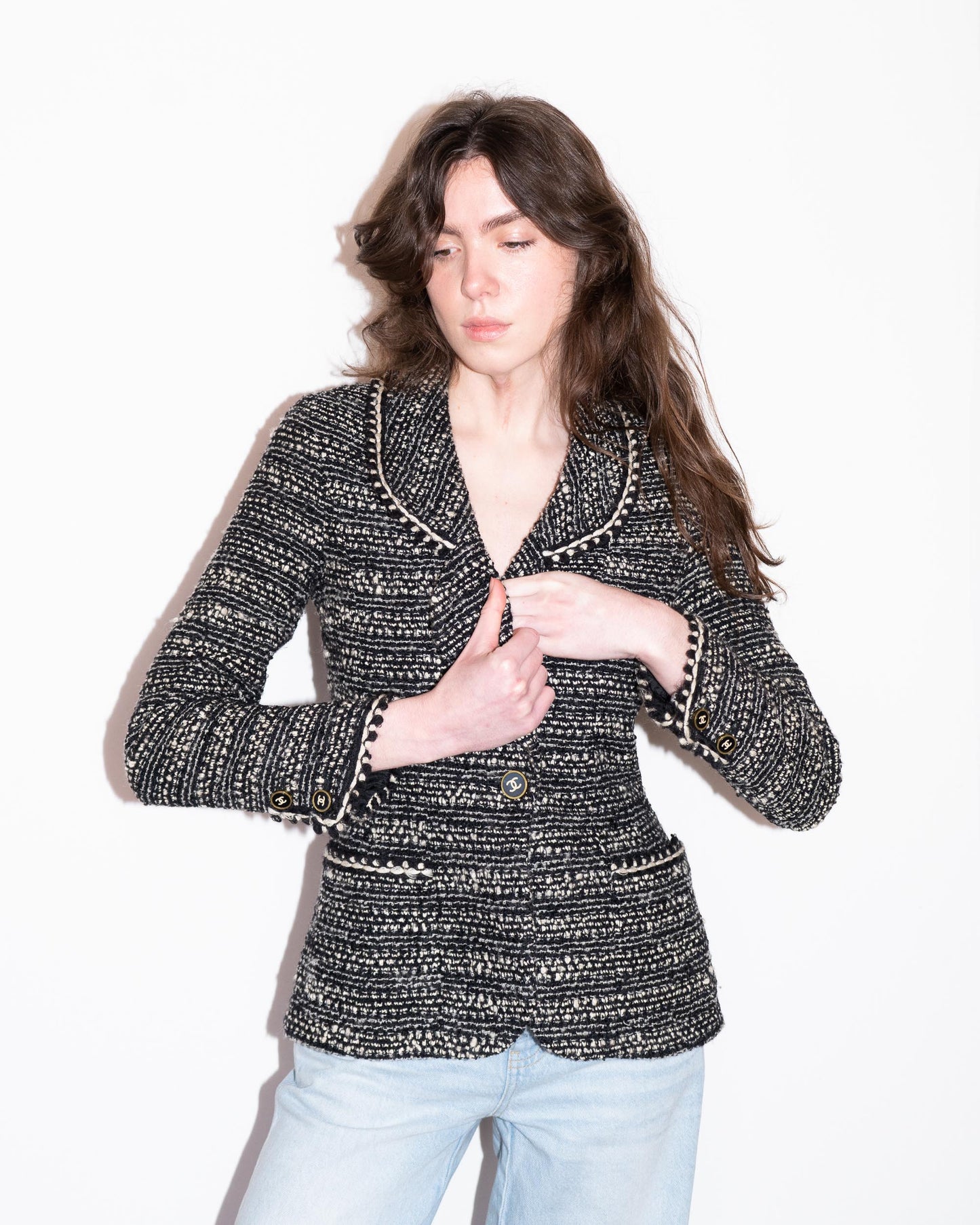 FR36-38 Rare Chanel Fall 1994 Two Pocket Black And White Wool Tweed Jacket - Vintage Chanel Jacket - - Rarchive.