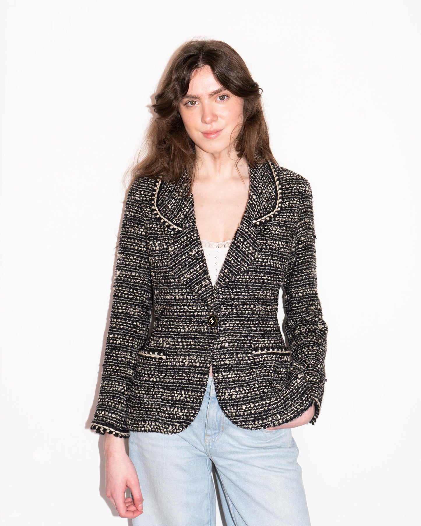 FR36-38 Rare Chanel Fall 1994 Two Pocket Black And White Wool Tweed Jacket - Vintage Chanel Jacket - - Rarchive.