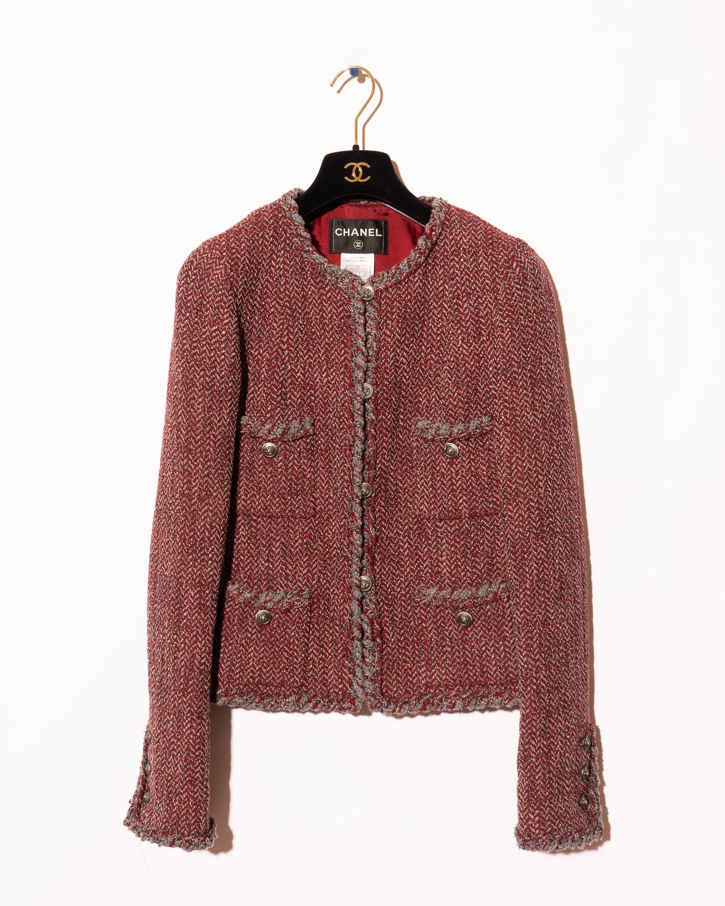 FR38-40 Chanel Fall 2008 Classic Colalrless Four Pocket Wool Tweed Jacket and Skirt Set