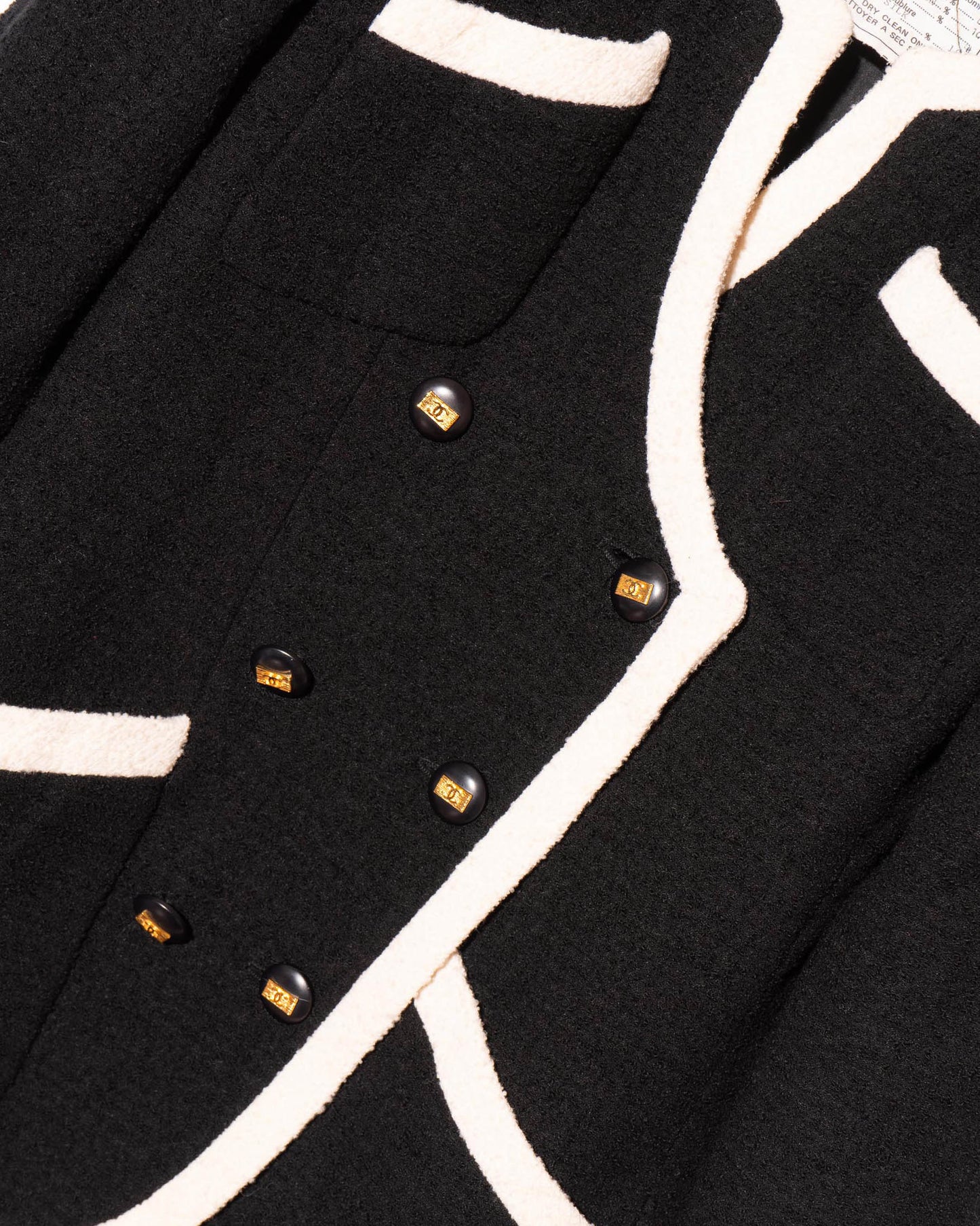 FR40-42 Rare Chanel Early 1990s Black & Ivory Trim Double-Breasted Jacket - Vintage Chanel Jacket - - Rarchive.