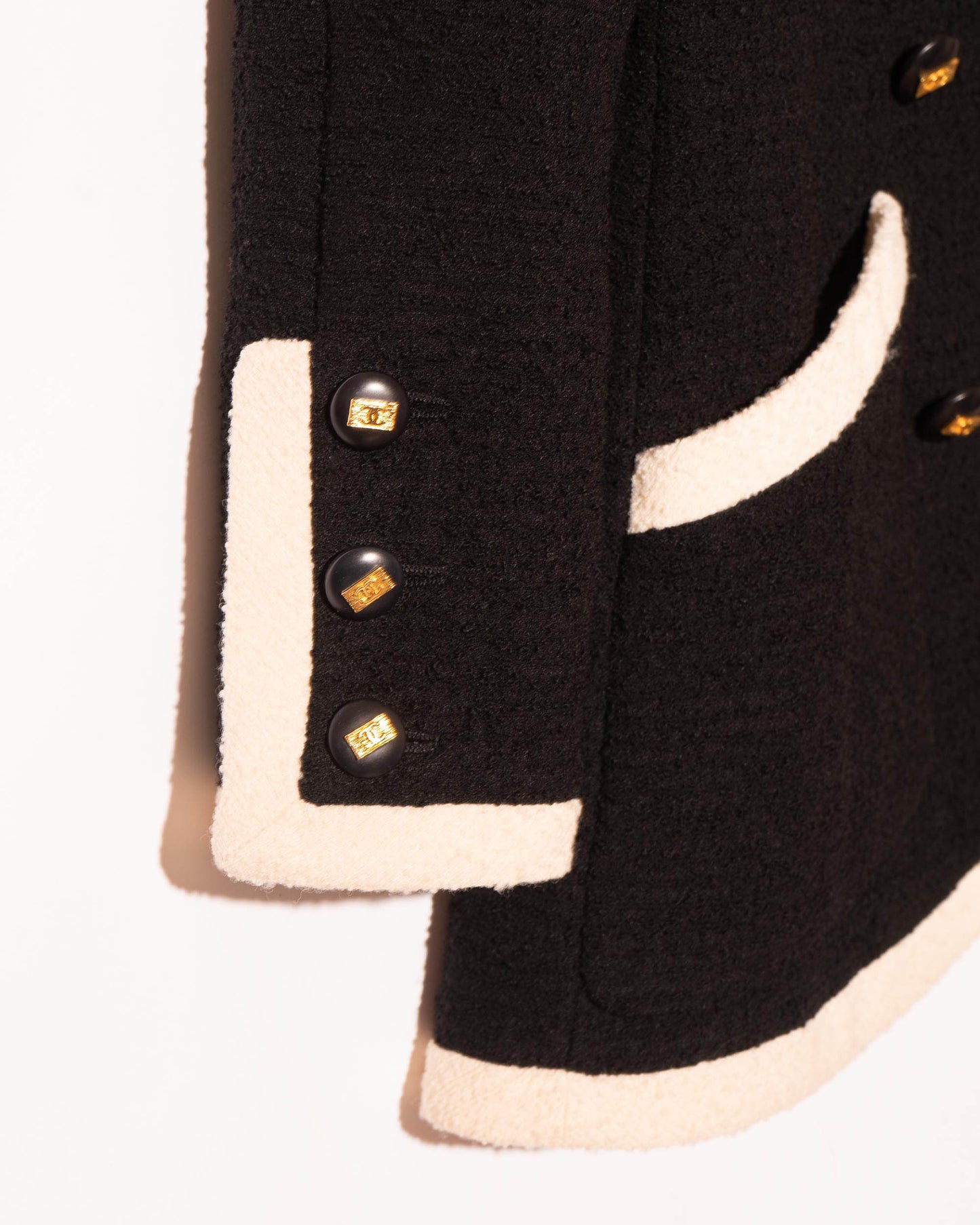 FR40-42 Rare Chanel Early 1990s Black & Ivory Trim Double-Breasted Jacket - Vintage Chanel Jacket - - Rarchive.