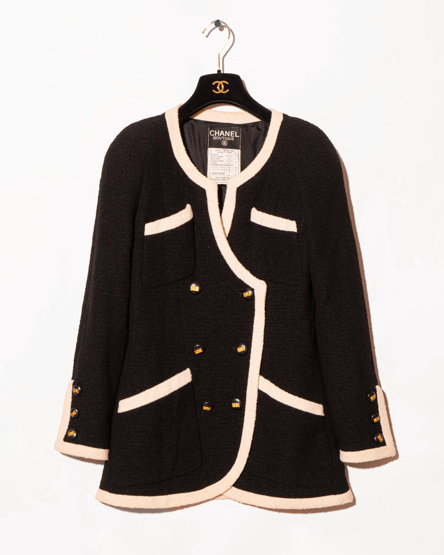 FR40-42 Rare Chanel Early 1990s Black & Ivory Trim Double-Breasted Jacket - Vintage Chanel Jacket - - Rarchive.
