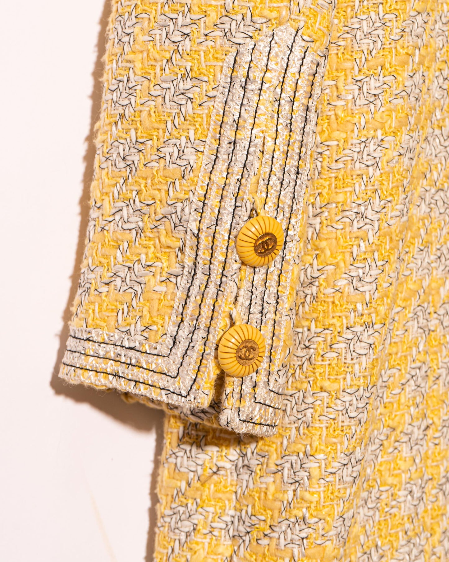 FR40-44 Rare Chanel Spring 1993 Four Pocket Yellow Houndstooth Longline Jacket - Vintage Chanel Jacket - - Rarchive.