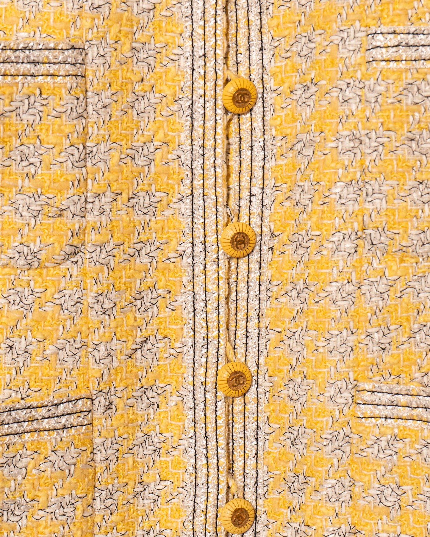 FR40-44 Rare Chanel Spring 1993 Four Pocket Yellow Houndstooth Longline Jacket - Vintage Chanel Jacket - - Rarchive.
