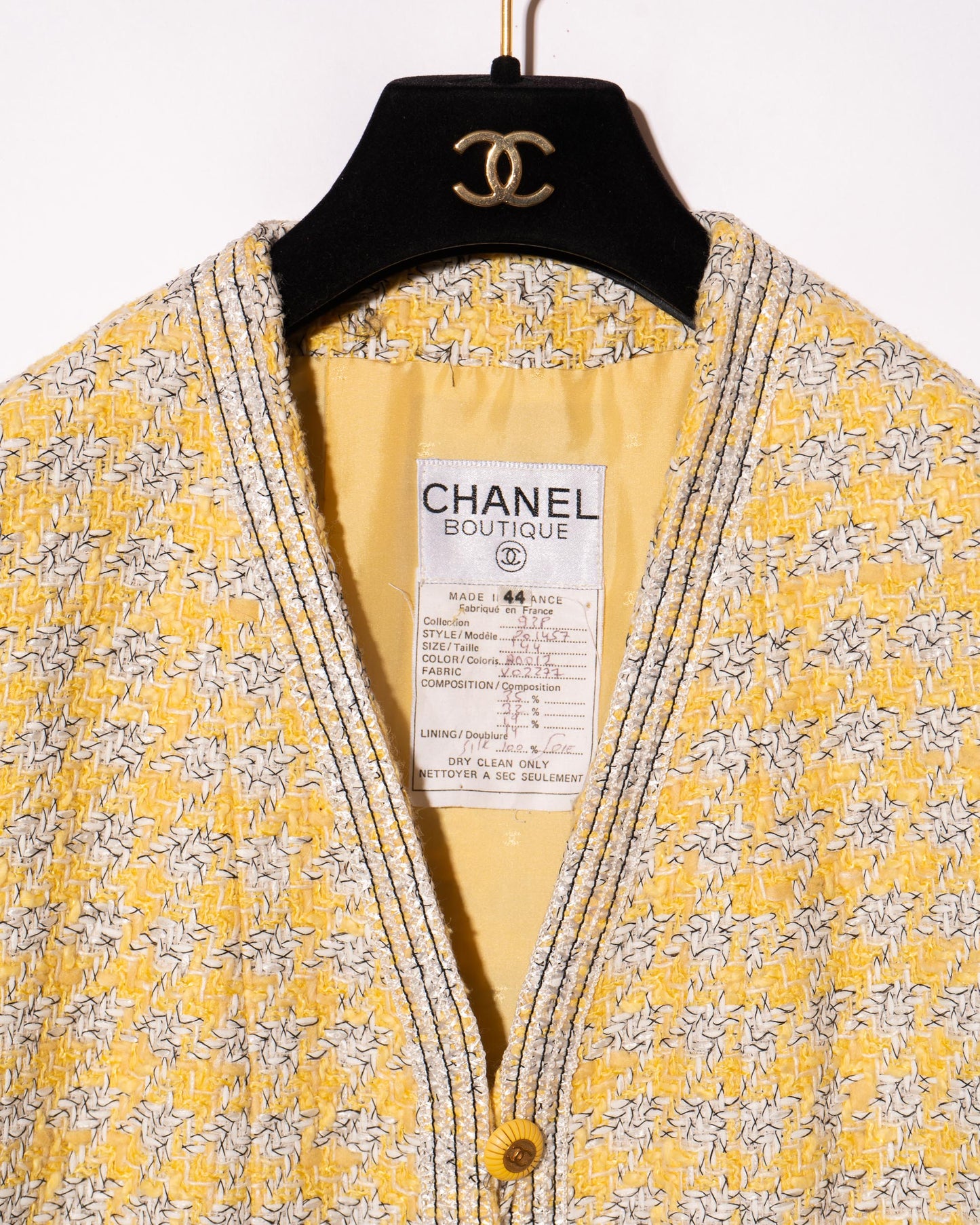 FR40-44 Rare Chanel Spring 1993 Four Pocket Yellow Houndstooth Longline Jacket - Vintage Chanel Jacket - - Rarchive.