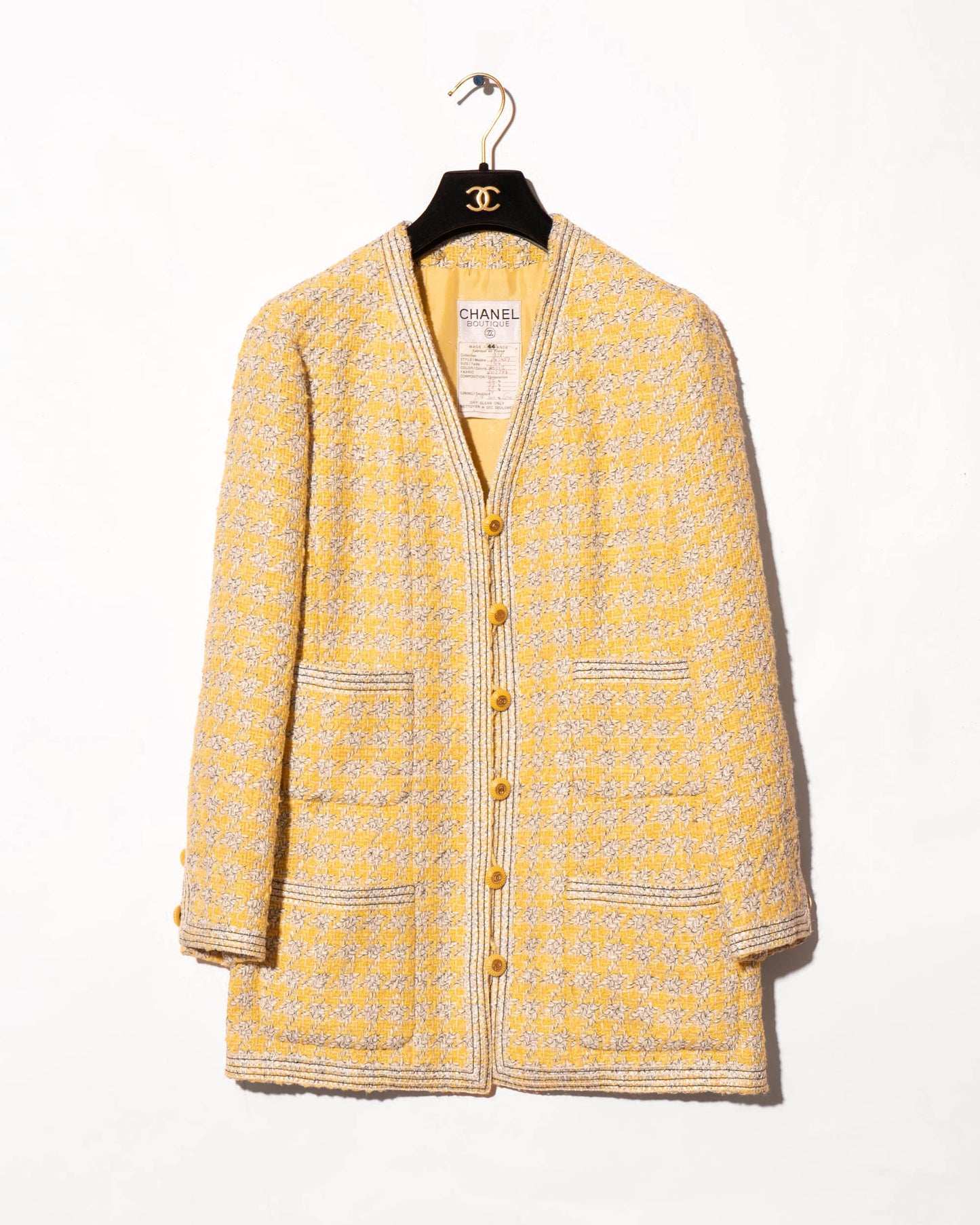 FR40-44 Rare Chanel Spring 1993 Four Pocket Yellow Houndstooth Longline Jacket - Vintage Chanel Jacket - - Rarchive.