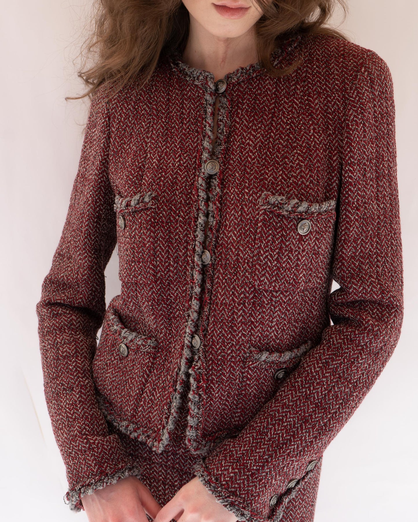 FR38-40 Chanel Fall 2008 Classic Colalrless Four Pocket Wool Tweed Jacket and Skirt Set