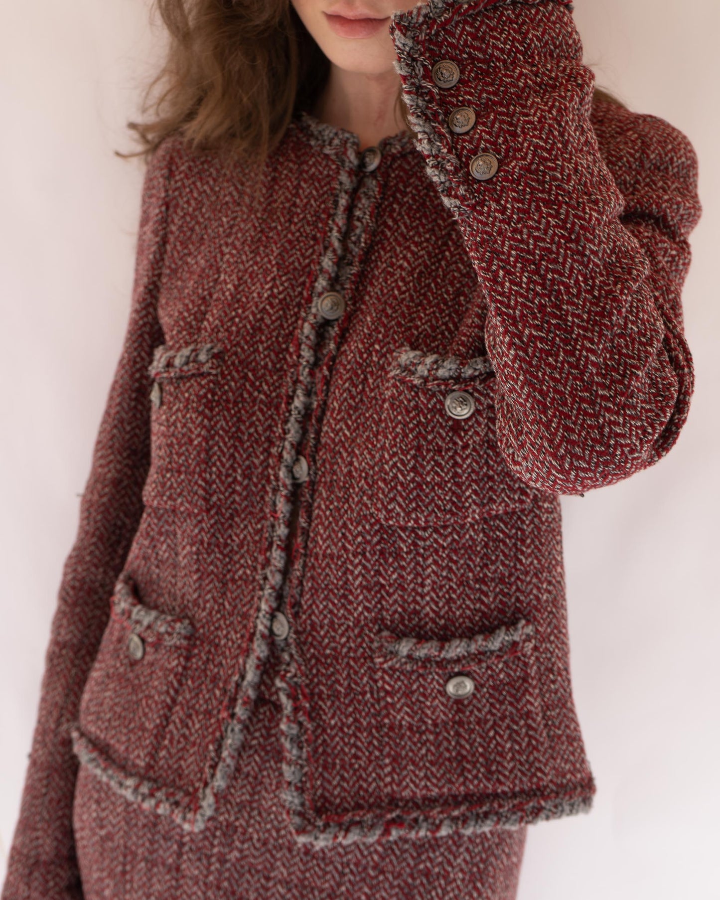 FR38-40 Chanel Fall 2008 Classic Colalrless Four Pocket Wool Tweed Jacket and Skirt Set