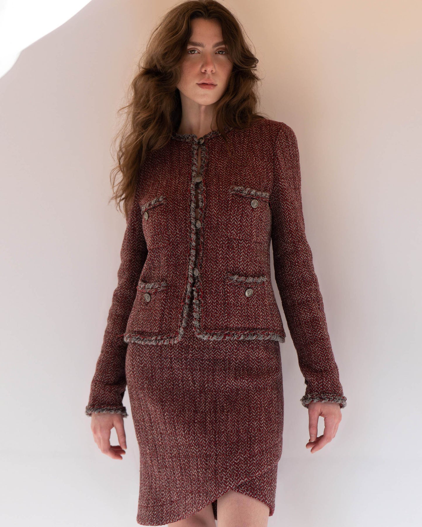 FR38-40 Chanel Fall 2008 Classic Colalrless Four Pocket Wool Tweed Jacket and Skirt Set