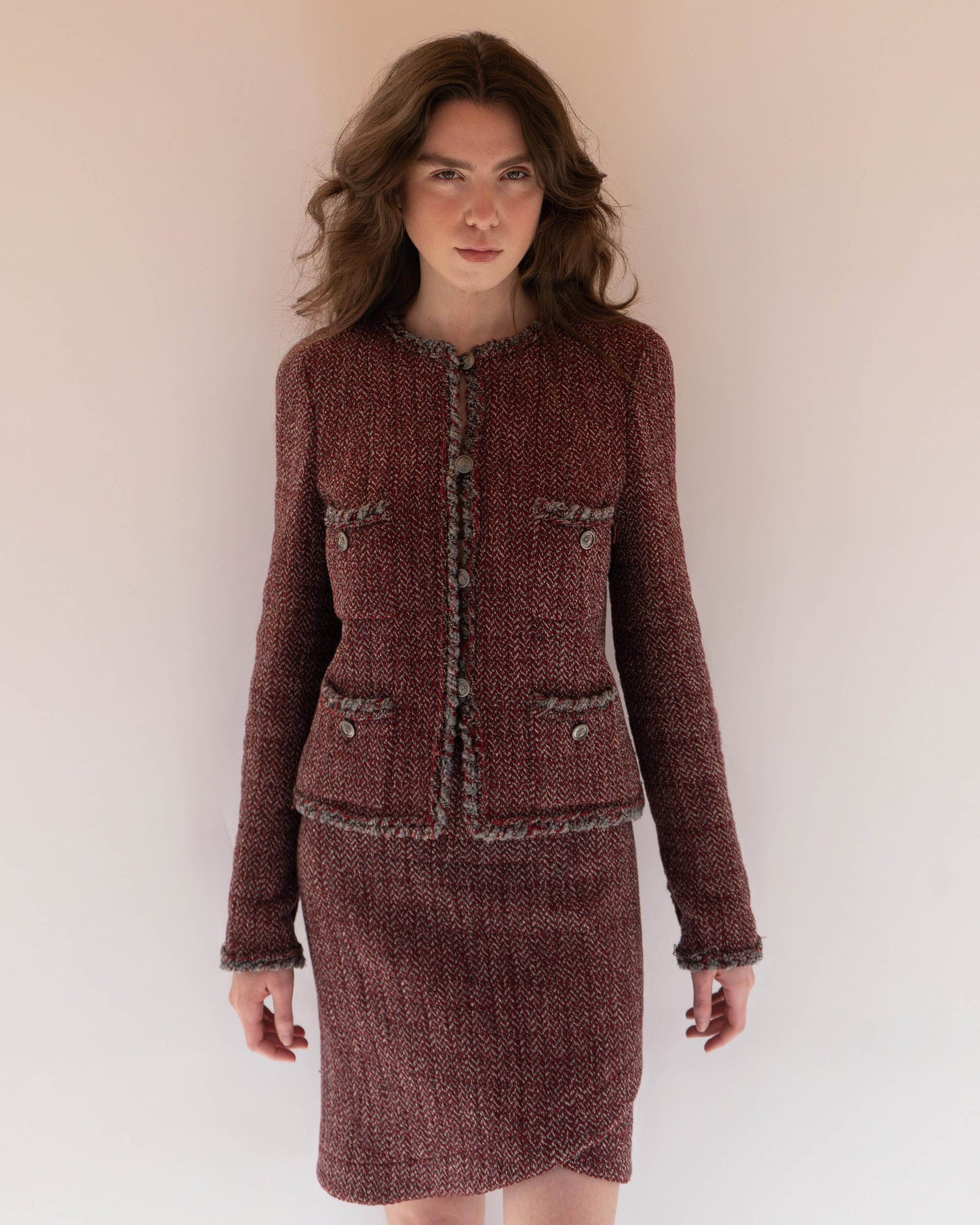 FR38-40 Chanel Fall 2008 Classic Colalrless Four Pocket Wool Tweed Jacket and Skirt Set