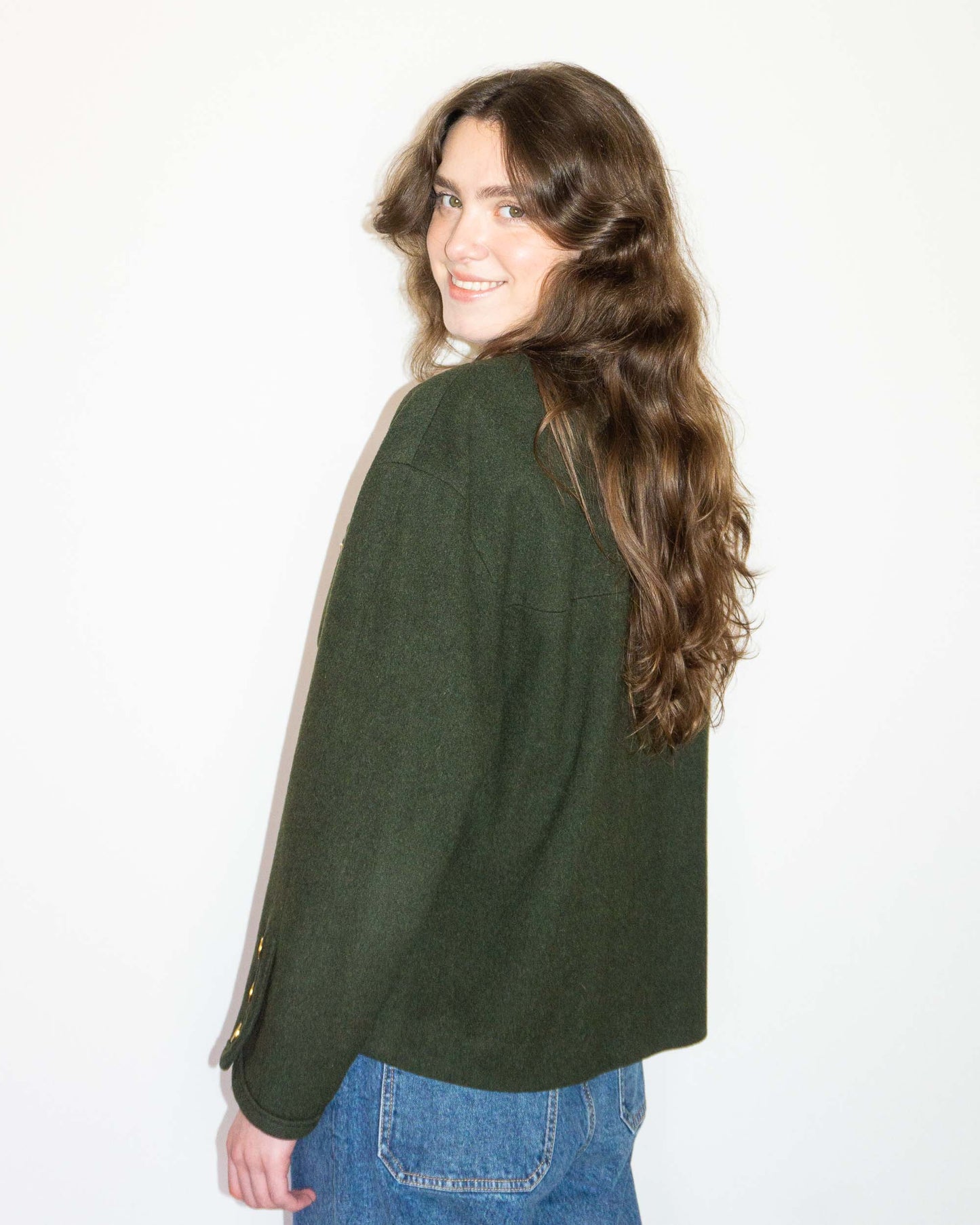 FR38-44 Rare Chanel Spring 1985 Timeless Collarless Four Pocket Coin Print Lining Green Wool Tweed Jacket