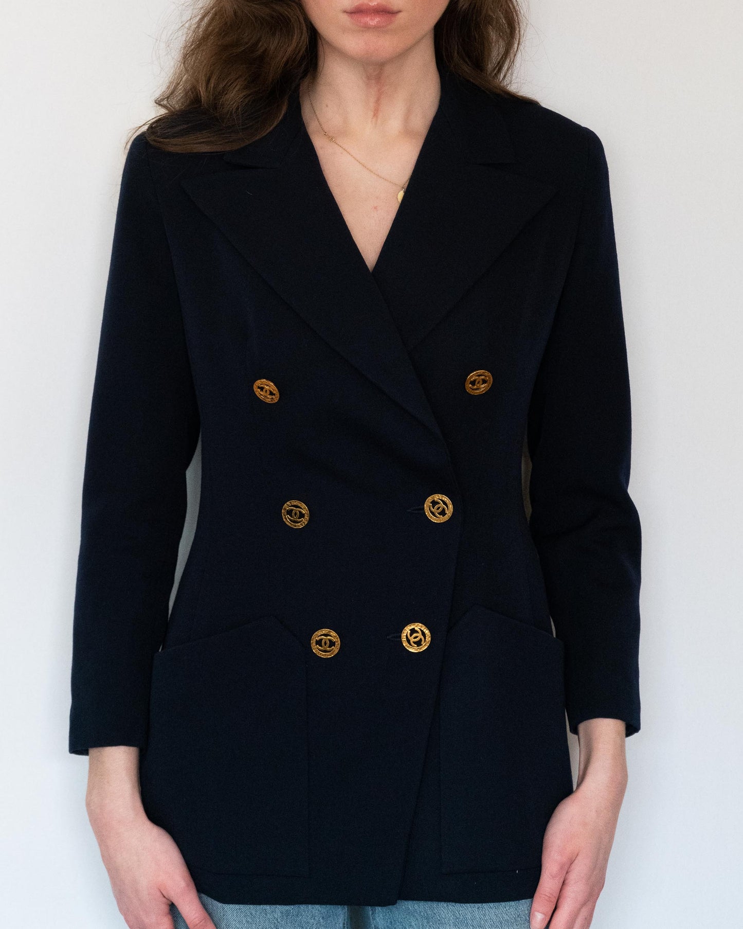 FR36-38 Chanel Cruise 1993 Fitted Cut Two Pocket Double Breasted Dark Navy Jacket - Vintage Chanel Jacket - - Rarchive.