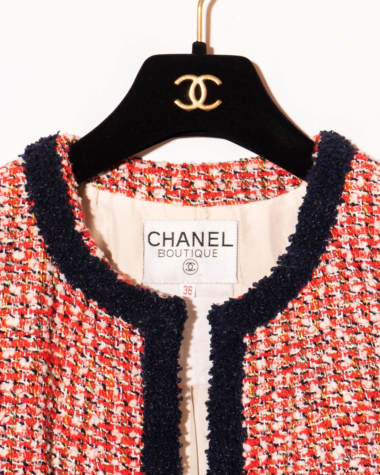 FR34-36 Rare Chanel Cruise 1995 Classic Cut Collarless Four Pocket Multicolor Fantasy Tweed Jacket