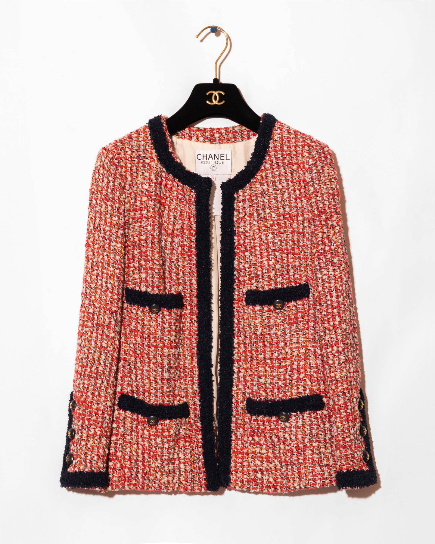 FR34-36 Rare Chanel Cruise 1995 Classic Cut Collarless Four Pocket Multicolor Fantasy Tweed Jacket