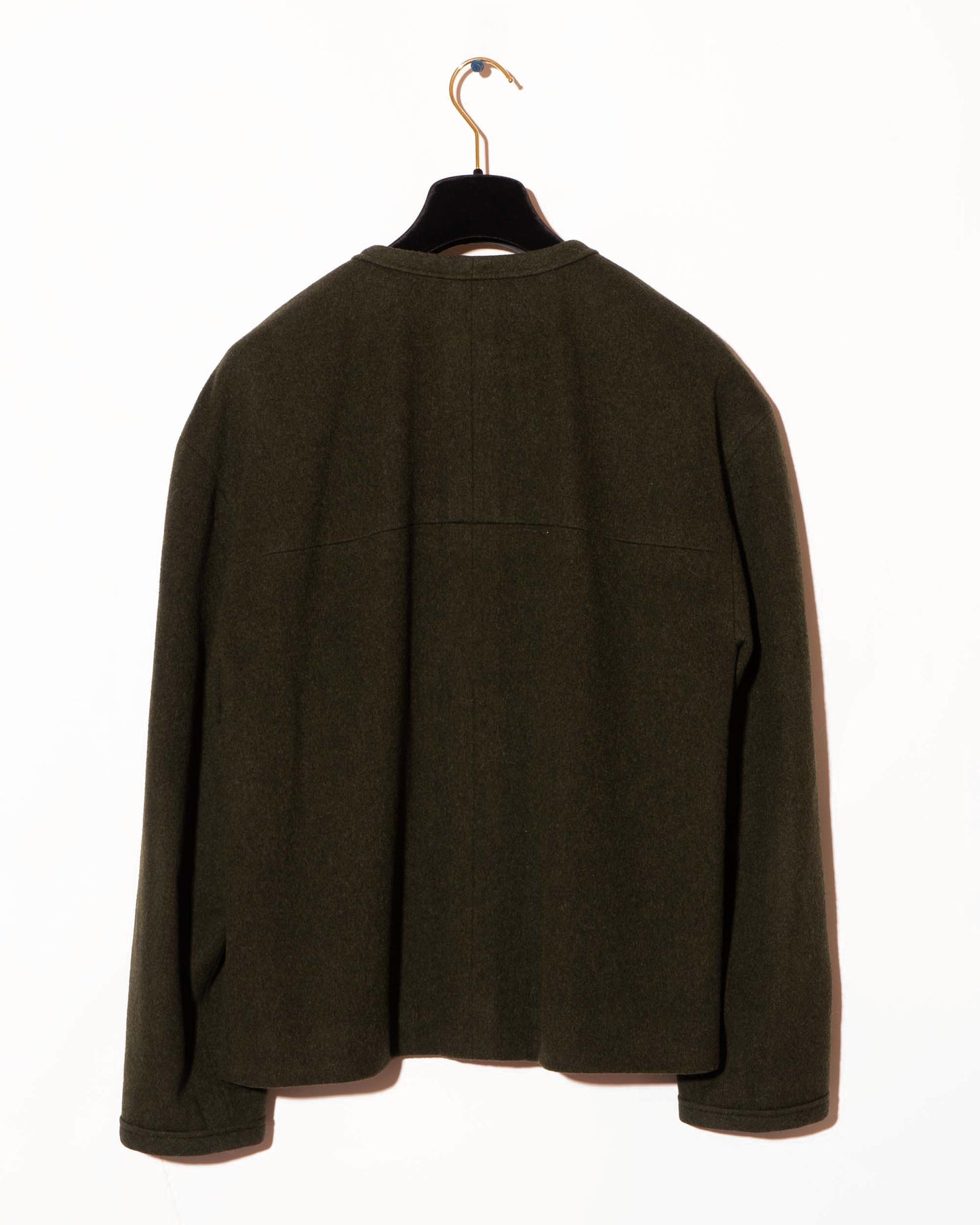 FR38-44 Rare Chanel Spring 1985 Timeless Collarless Four Pocket Coin Print Lining Green Wool Tweed Jacket