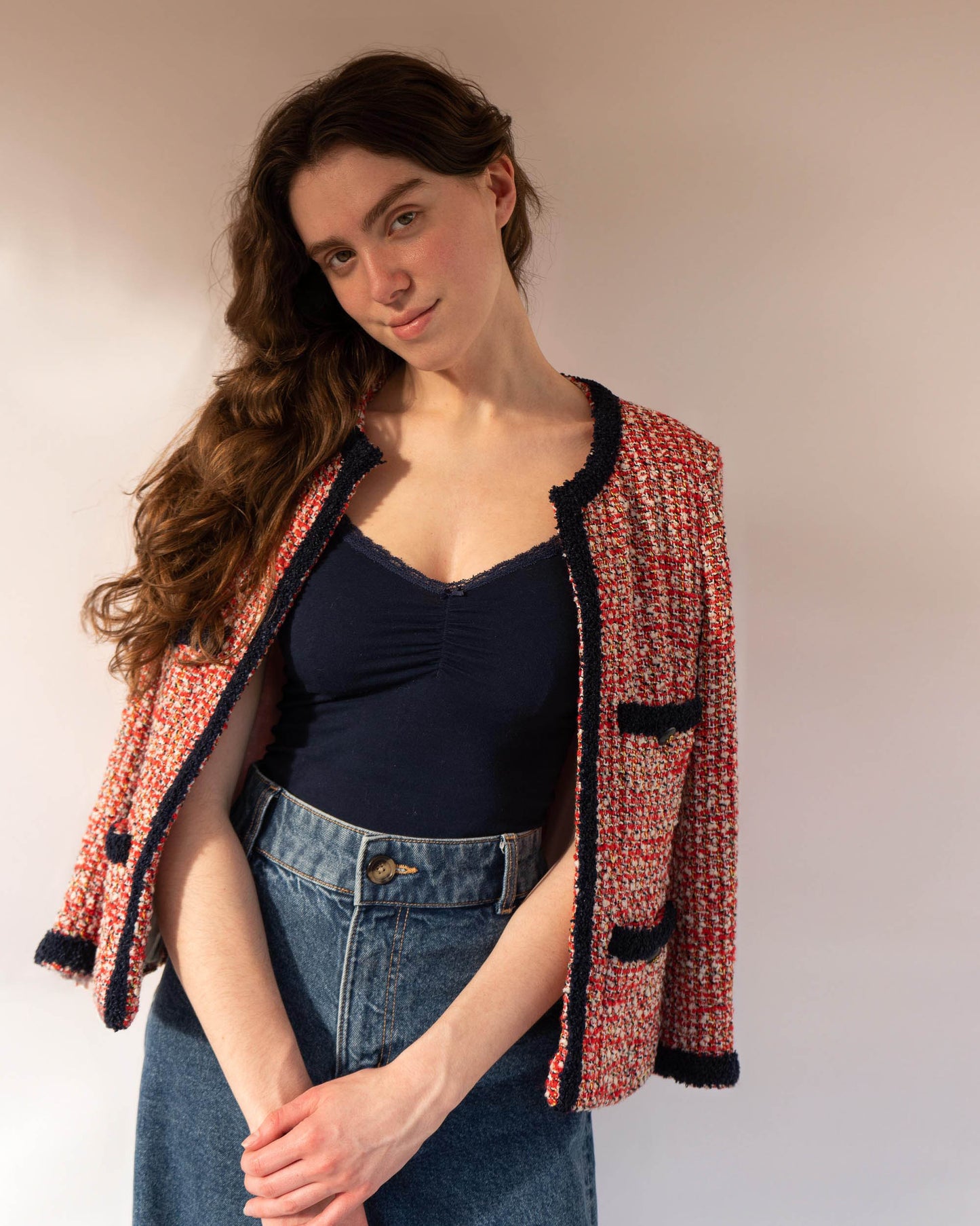FR34-36 Rare Chanel Cruise 1995 Classic Cut Collarless Four Pocket Multicolor Fantasy Tweed Jacket