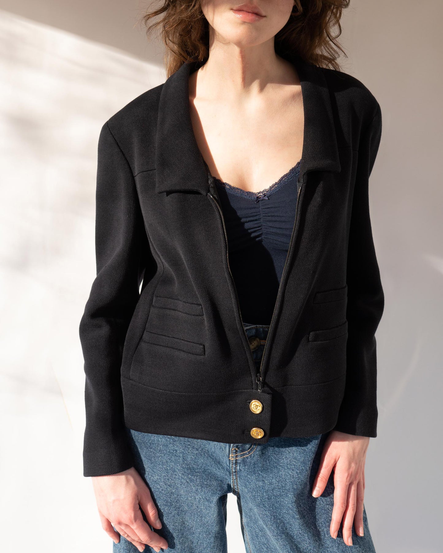 FR40-44 Fall 2001 Cotton Blend Zip Navy Jacket with Faux Pockets & Chain Hem