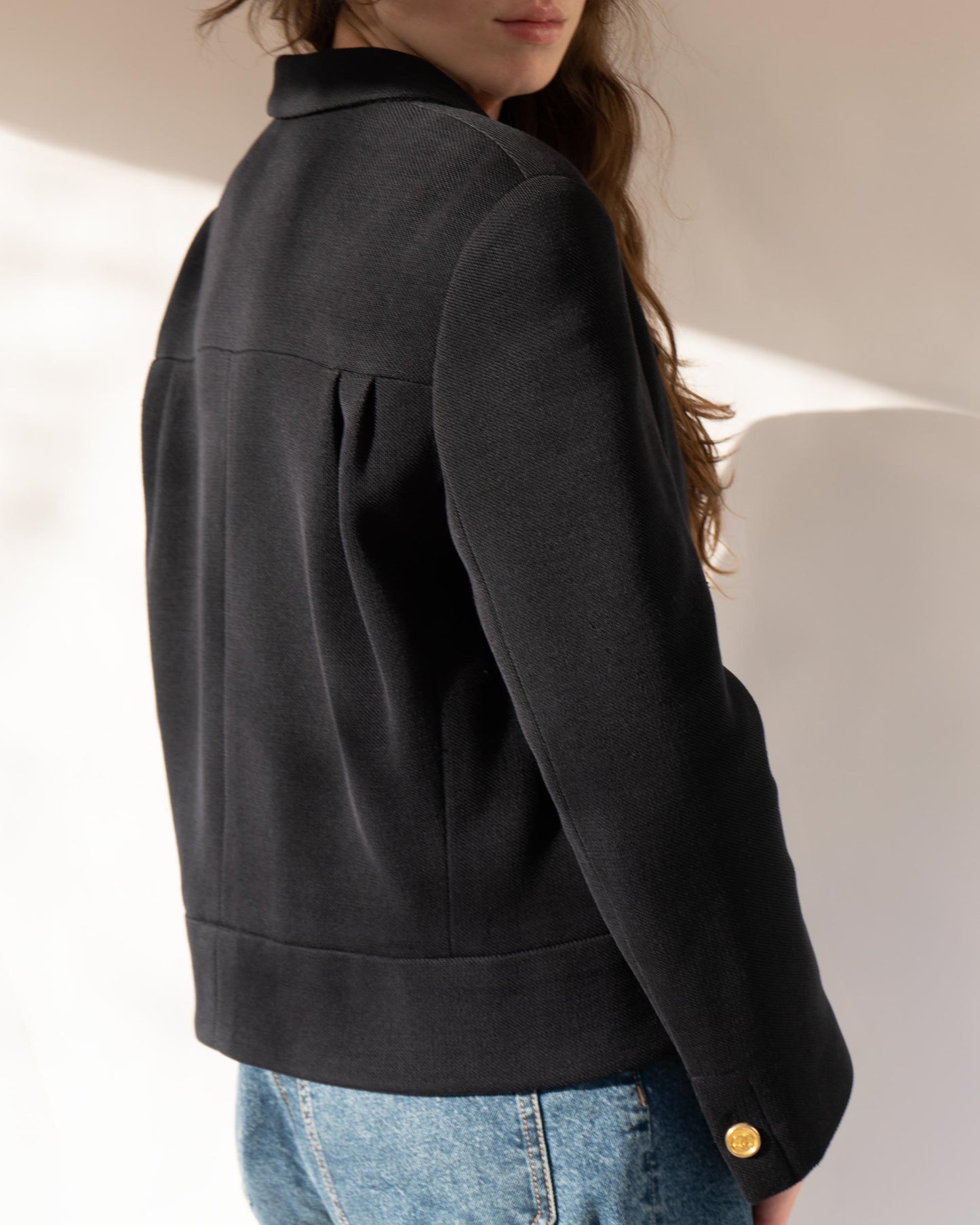 FR40-44 Fall 2001 Cotton Blend Zip Navy Jacket with Faux Pockets & Chain Hem