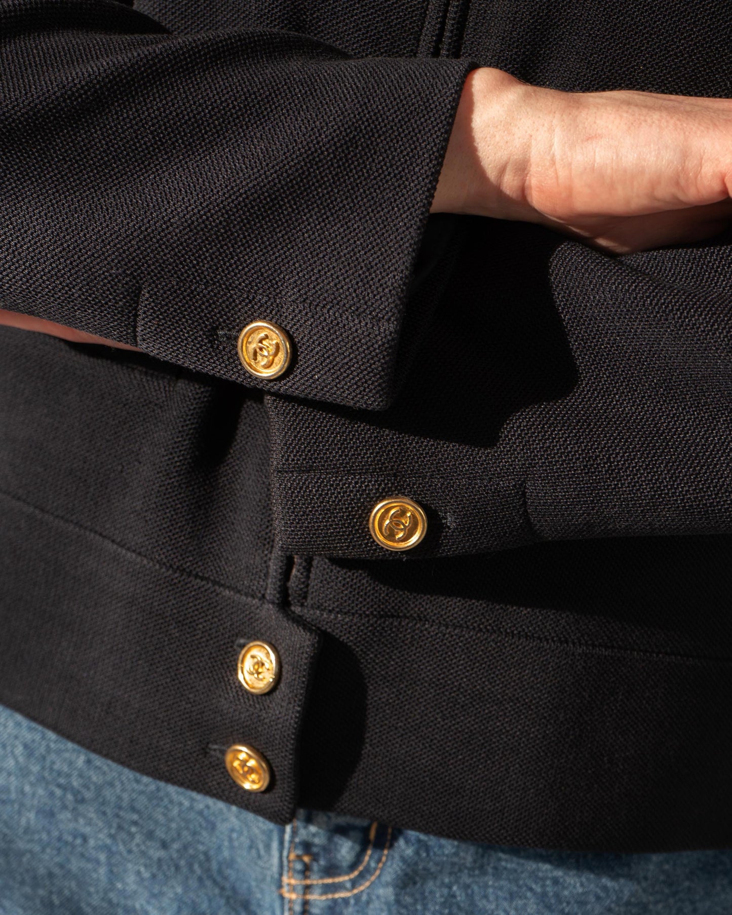 FR40-44 Fall 2001 Cotton Blend Zip Navy Jacket with Faux Pockets & Chain Hem