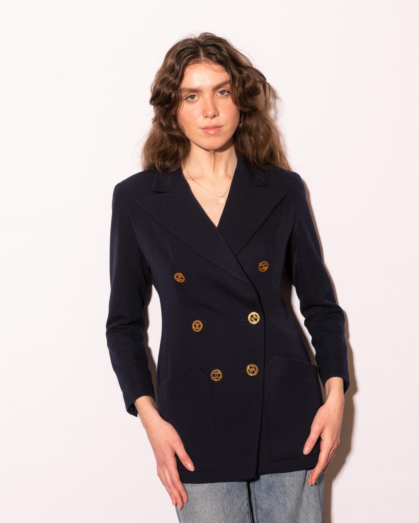 FR36-38 Chanel Cruise 1993 Fitted Cut Two Pocket Double Breasted Dark Navy Jacket - Vintage Chanel Jacket - - Rarchive.